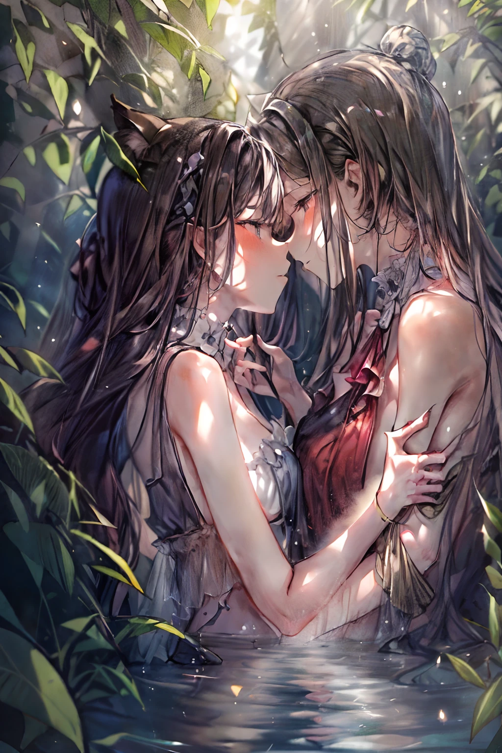 Two young women embracing under a cascading waterfall in a hidden jungle oasis, their lips meeting in a passionate kiss. Sunlight filters through the dense foliage, creating dappled patterns on their entwined bodies. Delicate droplets of water cling to their skin and glisten in the soft light. Their hands explore each other's curves with a sense of newfound desire, as the water's gentle roar masks their intimate whispers. An ethereal atmosphere of discovery and connection pervades the scene, captured in an impressionistic painting style, using watercolors and subtle textures to evoke emotion.