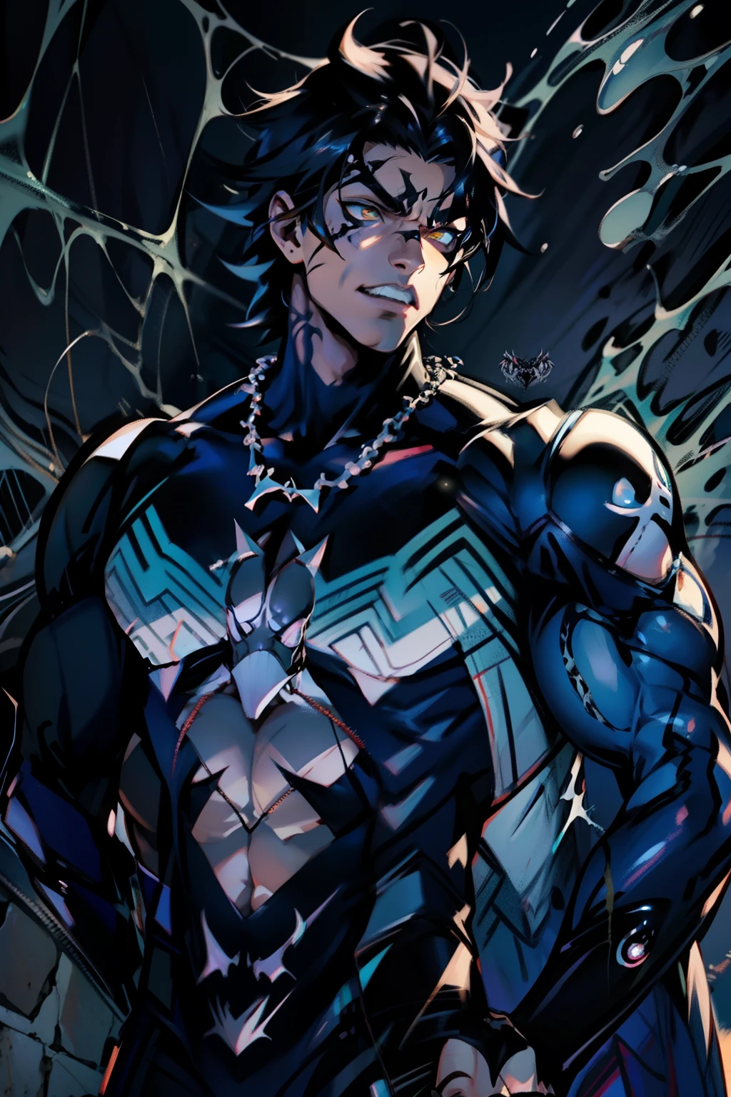 《the original god》Arataki Kazuto , male people， chest muscle， Sexy , Venom symbiote for your body, Black mucus of the body , into venom, venomize，Black bodysuit，（Cloak），Red cape，Abs，（Adult male）（（Venom possession，venom symbiote）），over-Tortoise Man，Battle damage，((Masterpiece)), ((Best quality)), Ultra detailed,((illustration)), Dynamic Angle, Detailed light, (Delicate eyes), Floating, 1boy, Male focus, Head, Clothing, Yellow eyes, necklace, tattoo, (Forehead:0.8), (ahoge:0.8), jewelry, brunette color hair,apathy，Ray， chest muscle， Sexy , Venom symbiote for your body, Black mucus of the body , （into venom）, Venom，frontage，Bust photo，White tight-fitting top，spiderman outfit，style of anime4 K， 4K anime wallpaper， Badass anime 8 K， 4 k comic wallpaper， young anime man， Anime boys， Anime wallpapers 4 k， Anime wallpaper 4K， High quality anime art style， Anime moe art style， Anime art wallpaper 8 K， Anime art wallpaper 4 K， RGB lighting，