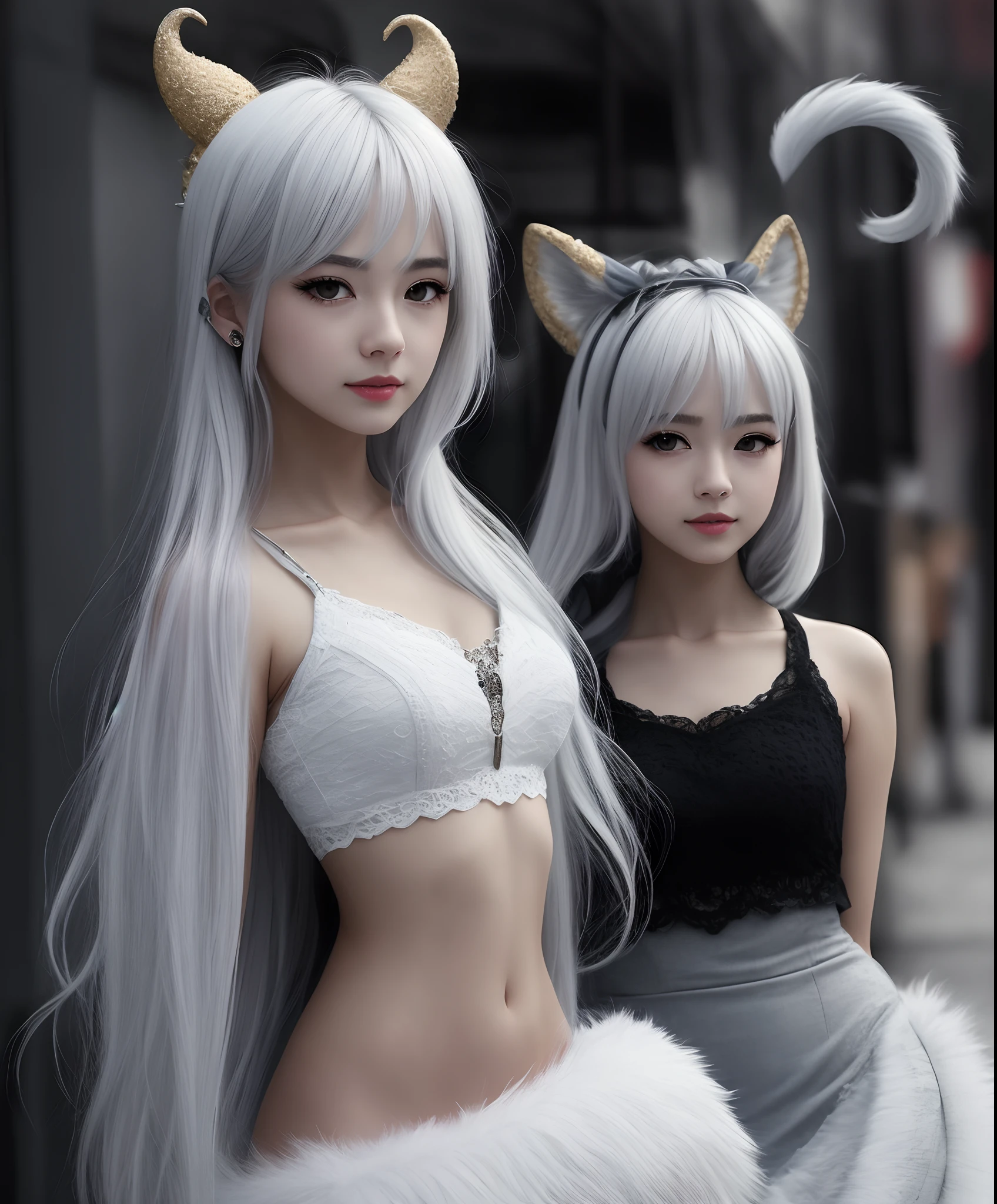 beast ear，Beast tail，a beauty girl，White hair，The upper part of the body，adolable，Need