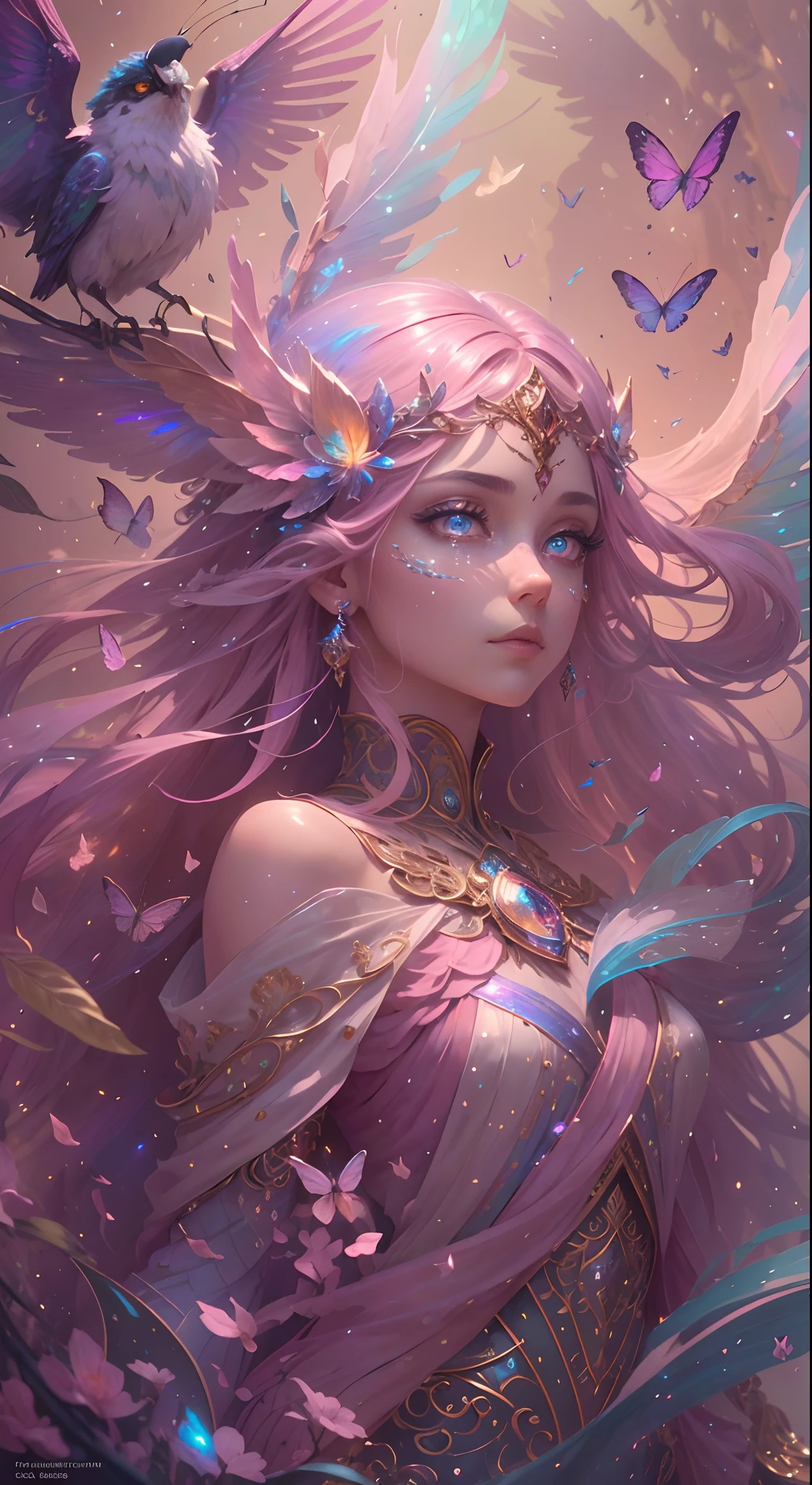 (((masterpiece))), (((best quality))), ((ultra-detailed)),(highly detailed CG illustration), ((an extremely delicate and beautiful)),cinematic light, Create a stunning fantasy artwork that mimics the style of currently trending masters of the genre. The art piece should contain elements of both mythic fantasy and fairytale fantasy with colorful accents. ((Utilize various shades of pink and watercolor pastels as the main color scheme.)) The character in the artwork is a delicate but strong petite figure with an aura of mystery and magic. Pay close attention to (((((intricate facial features, such as mesmerizing eyes with vibrant colors, high resolution, and bold shading.))))) The character's clothing should be designed with gossamer feathers, silk, stunning embroidery, and subtle iridescent details. Incorporate dreamy colors, dynamic lighting, and detailed background elements to create a sense of awe and immersion. Include colorful flying magical birds and jewel-toned butterflies radiating a magical aura. Consider the latest trends in fantasy art, such as incorporating unique lighting effects, exploring dynamic and compelling composition techniques, and experimenting with unique color palettes. Take inspiration from the top artists on ArtStation and Midjourney. Camera: Choose an angle that highlights the character's beauty and enhances the magical majesty of the artwork. Lighting: Utilize atmospheric lighting techniques to create depth and mood. Resolution: Aim for a high-resolution artwork to showcase intricate details and clarity. Art Inspirations: Seek inspiration from the trending artists on ArtStation, exploring different styles, genres, and themes.