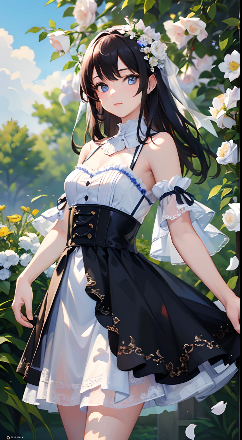 (masterpiece, best quality:1.6), white lace dress, cowboy shot, thighs, beautiful girl, (flowers, many small white petals:1.3), garden, blue sky, looking at viewer, small waist, official art, raw photo, incredibly absurdres, facelight, dynamic lighting, cinematic lighting, ultra realistic, highres, photography, sharp focus, highest detailed, extreme detailed, ultra detailed, finely detail, extremely detailed eyes and face