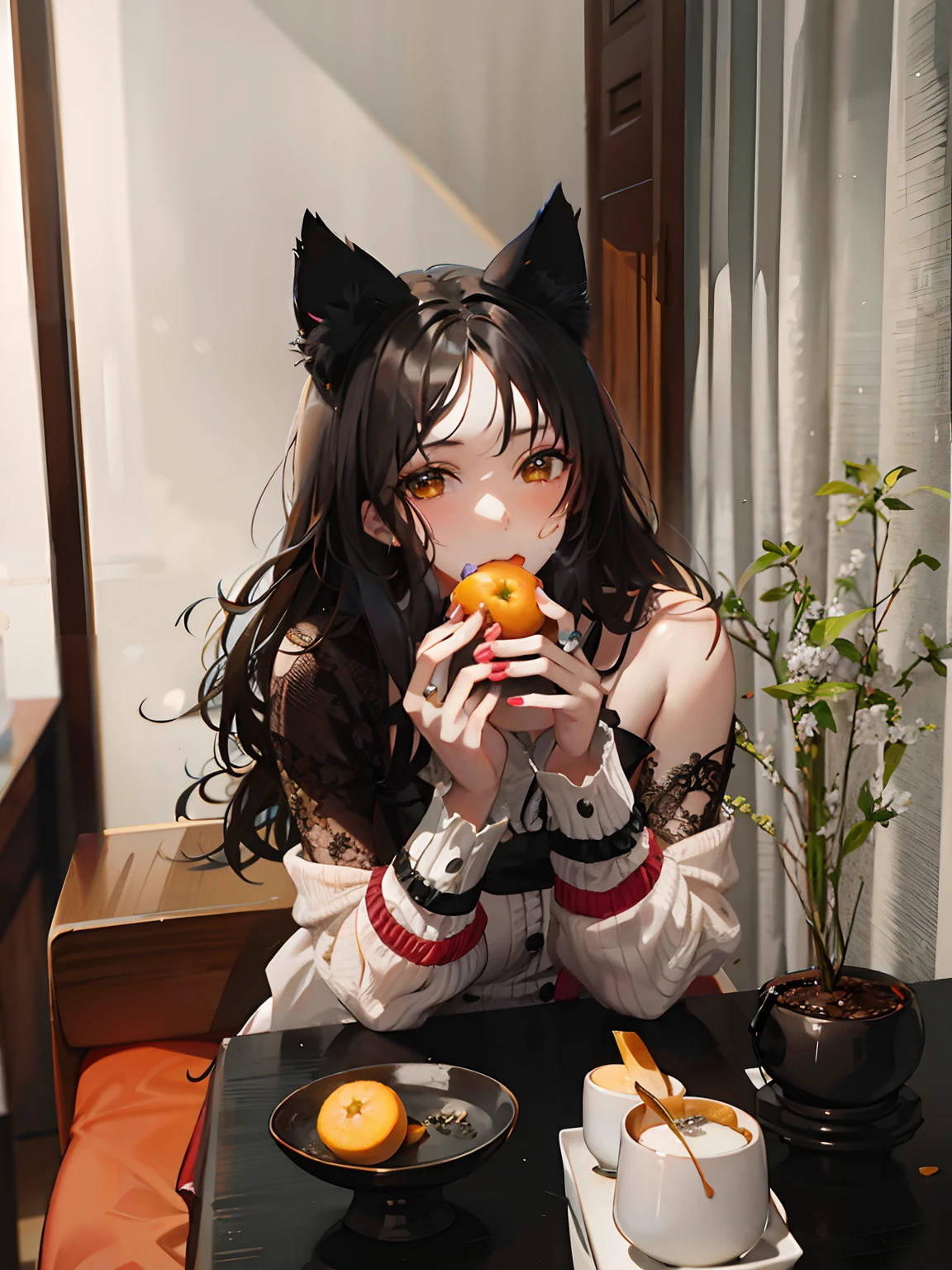 There was a woman sitting at a table eating oranges, woman with cat ears, Girl with cat ears, She was eating oranges, Sexy girl,cute female child,Beautiful girl,goddes