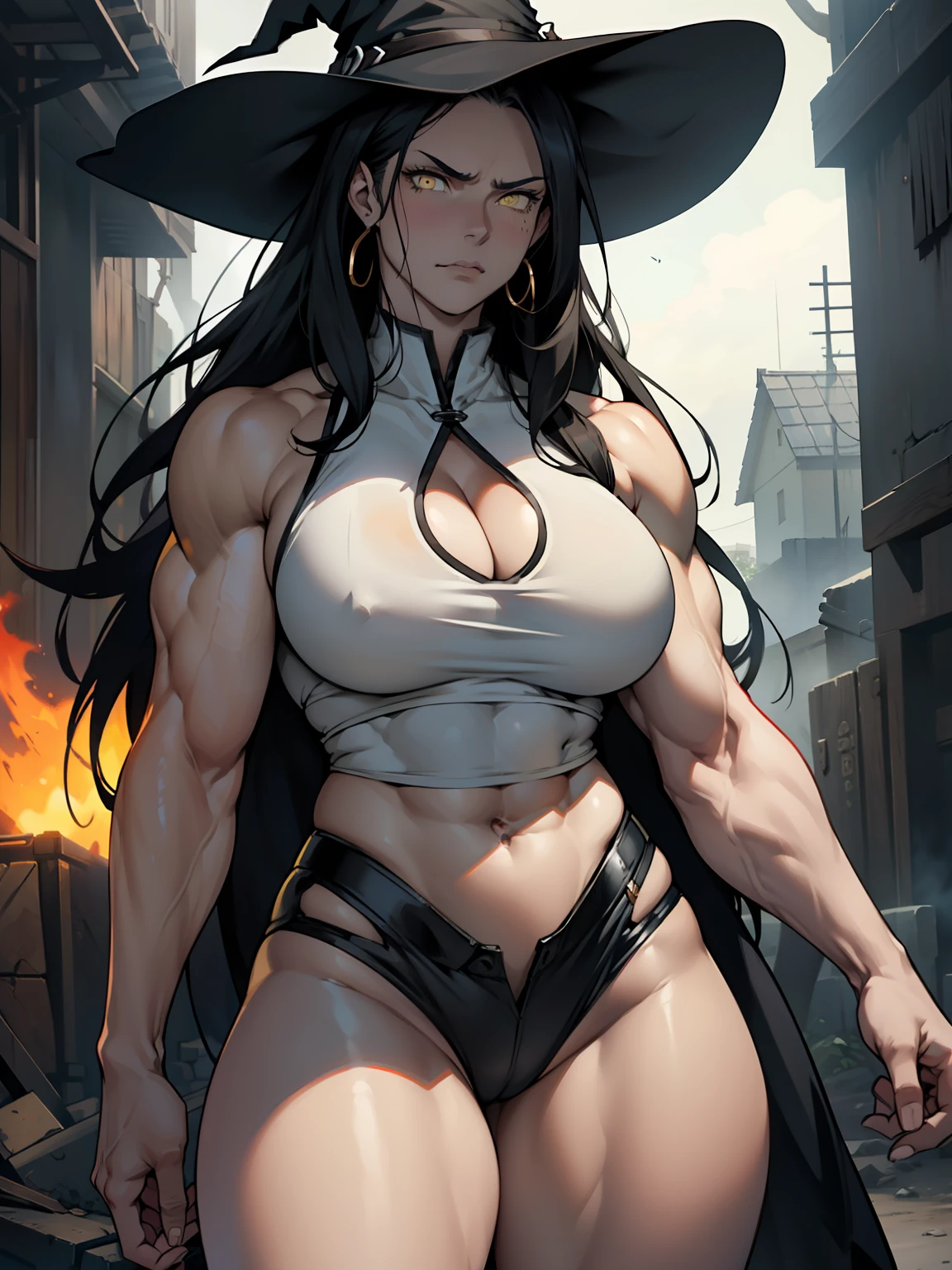 (1girl), black hair, extremely long hair, yellow eyes, ((((muscular)))), (huge breasts), (thick thighs), solo, angry, (pale skin), cowboy shot, (witch)