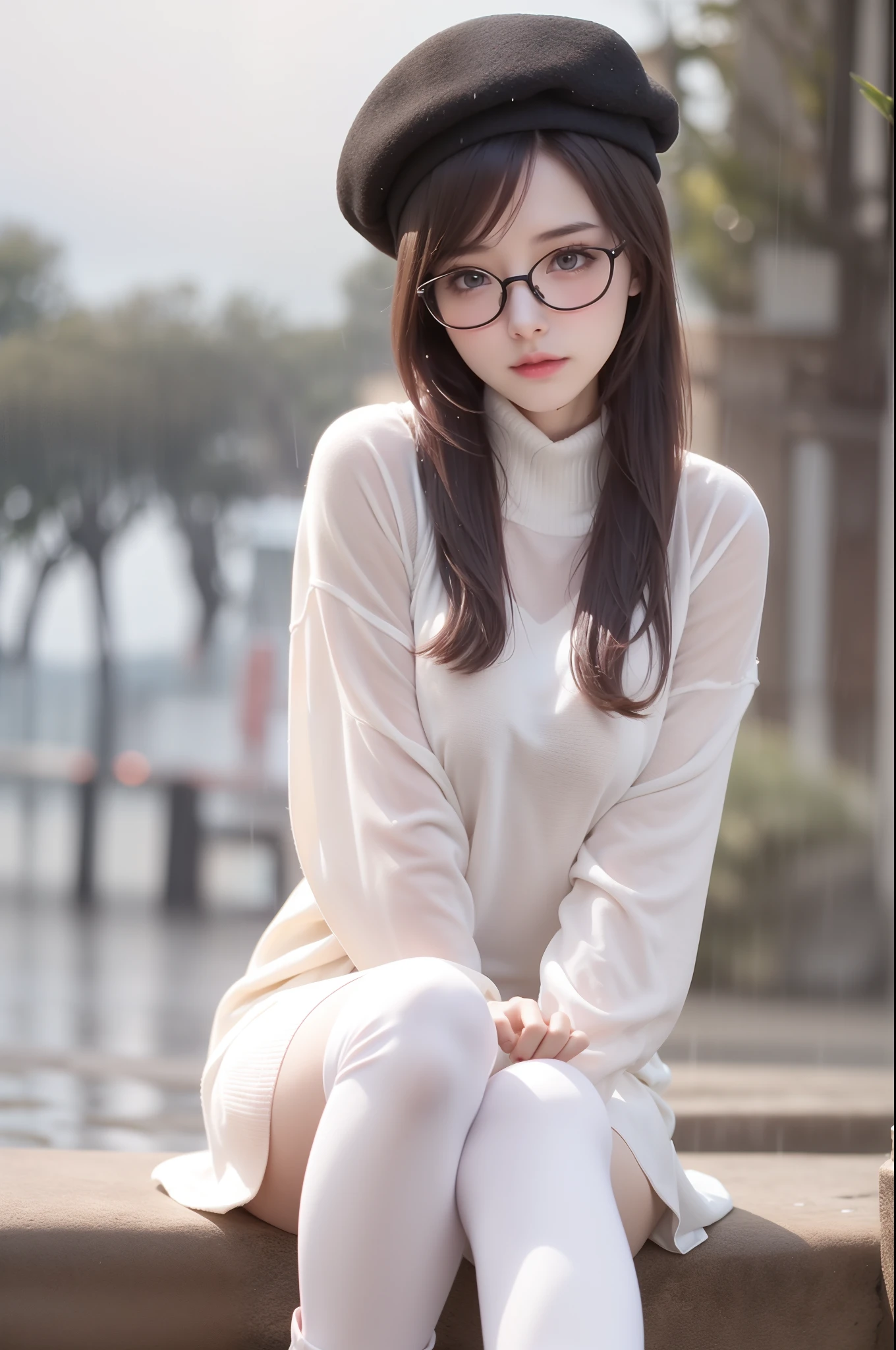 student clothes,beret,Big pink eyes,Black glasses frame,White over-the-knee boots,Gentle expression,2:3 finger photos,rainy wet,Wet with rain,Wet body shot,Cinematic feel