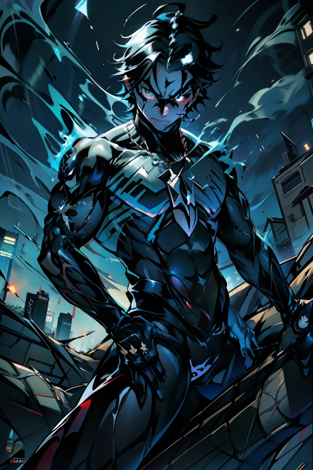 《the original god》Arataki Kazuto , male people, chest muscle, Sexy , Venom symbiote for your body, Black mucus of the body , into venom, venomize,Black bodysuit,(Cloak),Red cape,Abs,(Adult male)((Venom possession,venom symbiote)),over-Tortoise Man,Battle damage,((Masterpiece)), ((Best quality)), Ultra detailed,((illustration)), Dynamic Angle, Detailed light, (Delicate eyes), Floating, 1boy, Male focus, Head, Clothing, Yellow eyes, necklace, tattoo, (Forehead:0.8), (ahoge:0.8), jewelry, brunette color hair,apathy,Ray, chest muscle, Sexy , Venom symbiote for your body, Black mucus of the body , (into venom), Venom,frontage,Bust photo,White tight-fitting top,spiderman outfit,style of anime4 K, 4K anime wallpaper, Badass anime 8 K, 4 k comic wallpaper, young anime man, Anime boys, Anime wallpapers 4 k, Anime wallpaper 4K, High quality anime art style, Anime moe art style, Anime art wallpaper 8 K, Anime art wallpaper 4 K, RGB lighting,