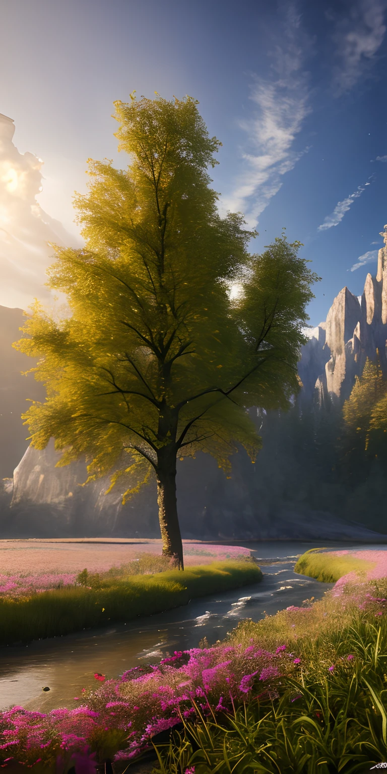 Masterpiece, Best quality, High quality, extremely detailed CG unity 8k wallpaper, paysage, dehors,fleur, nuage, jour, no humans, montagne, paysage, Eau, arbre, Neige, cascade, falaise, nature, lac, river, Flocons,award-winning photograph, Bokeh, profondeur de champ, Hdr, fleurir, aberration chromatique ,photoreallistic,Extremely detailed, Tendances sur ArtStation, Tendances sur CGoncil, complexe, High detail, dramatique, Art par Midjourney