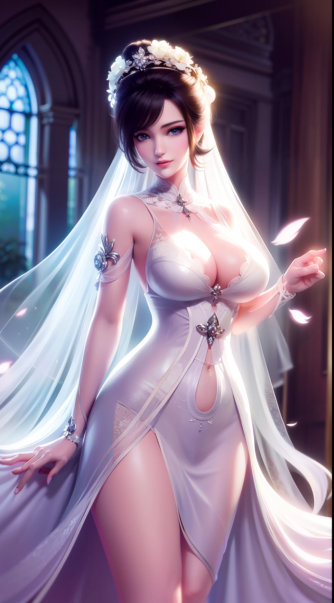 tmasterpiece,Need,highdetailRAWcolorphoto,Panoramas,best qualtiy,A girl,White transparent lace wedding dress,(illustratio),(Breast enlargement:C cup),cabelos preto e longos,hair-bun,hair adornments,ssmile,is shy,expecting,looking to the camera,lipsticks,prette,adolable,Raised sexy,softlighting,brightly,best illuminate,Graphics card rendering,full bodyesbian,inside in room,basilica,are standing,Highest definition,Highest high resolution,16k