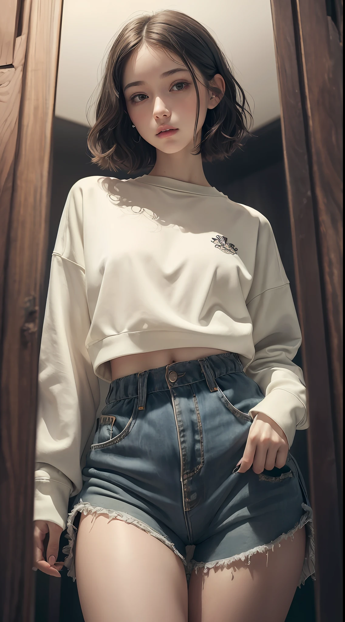 photorealistic, erotic pose, (shot from below), (intricate details, exaggerated details, ultra high details), self-portrait, (1girl, beautiful, delicate face, innocent, pale skin, short wavy hair), ((casual streetwear):1.2), small waist, (wide thigh gap):1.2, (wide thighs):1.2, (masterpiece)