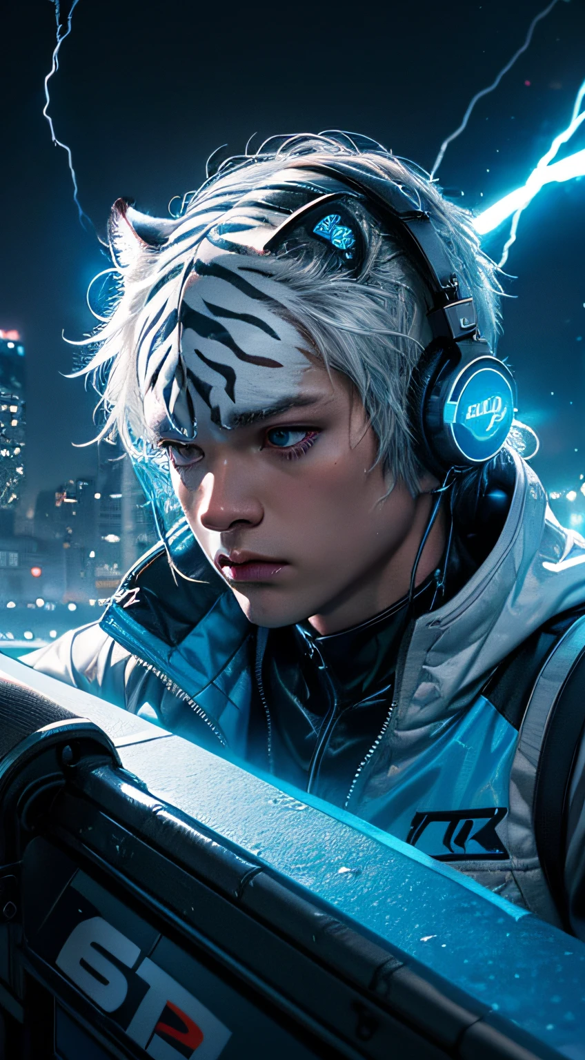 White tiger with blue hood, headphones, music notes, (neon lights), (masterpiece), (amazingly colorful), lightning hitting the ground, (ultra high quality), (8K quality), depth of field, ambient lighting , ((softened detail)), rock style, realistic: 1.2
