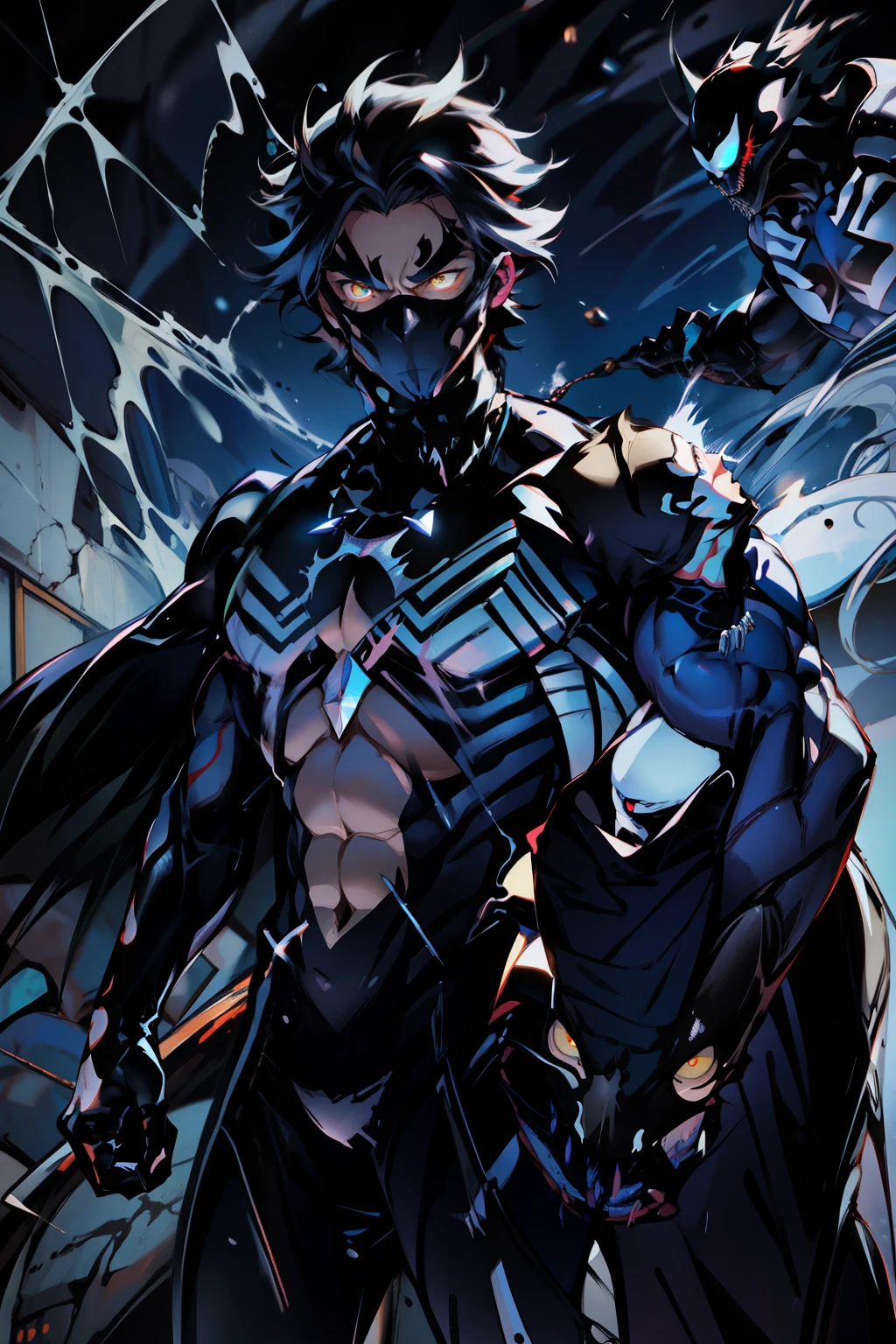 《the original god》Arataki Kazuto , male people, chest muscle, Sexy , Venom symbiote for your body, Black mucus of the body , into venom, venomize,Black bodysuit,(Cloak),Red cape,Abs,(Adult male)((Venom possession,venom symbiote)),over-Tortoise Man,Battle damage,((Masterpiece)), ((Best quality)), Ultra detailed,((illustration)), Dynamic Angle, Detailed light, (Delicate eyes), Floating, 1boy, Male focus, Head, Clothing, Yellow eyes, necklace, tattoo, (Forehead:0.8), (ahoge:0.8), jewelry, brunette color hair,apathy,Ray, chest muscle, Sexy , Venom symbiote for your body, Black mucus of the body , (into venom), Venom,frontage,Bust photo,White tight-fitting top,spiderman outfit,style of anime4 K, 4K anime wallpaper, Badass anime 8 K, 4 k comic wallpaper, young anime man, Anime boys, Anime wallpapers 4 k, Anime wallpaper 4K, High quality anime art style, Anime moe art style, Anime art wallpaper 8 K, Anime art wallpaper 4 K, RGB lighting,