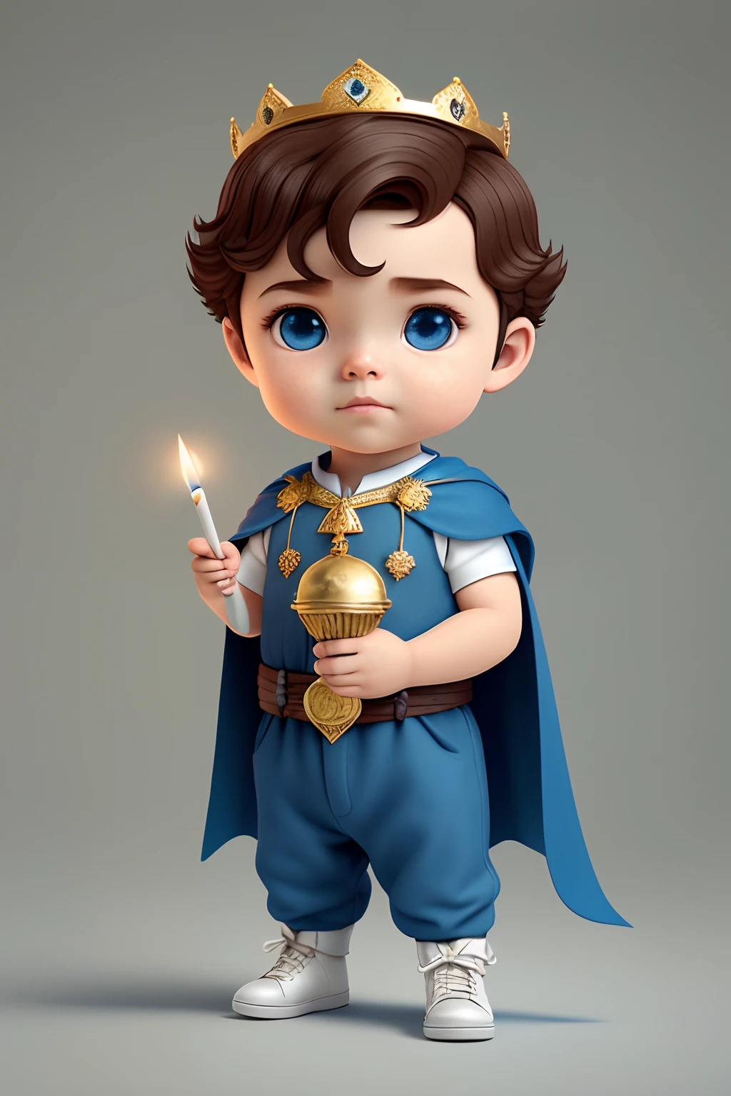 CBZBB:1.25), Cutest illustration of classic little prince baby portrait, art-station, .cgi_Animation with a crown on the head, (coroa de rei: 1.3), os cabelos castanhos escuros, He wears a hero's cape on his back, the baby has fair skin and dark brown hair, This little prince is on his birthday holding a candle with a number 1 shape