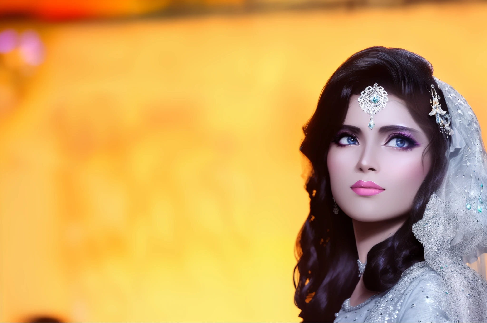 araffe dressed in a silver dress and veil with people in the background, by Ambreen Butt, beautiful model, maya ali sorceress, inspired by Ambreen Butt, kyza saleem, maya ali as a wind sorceress, maya ali as a storm sorcerer, by Riza Abbasi, ameera al taweel