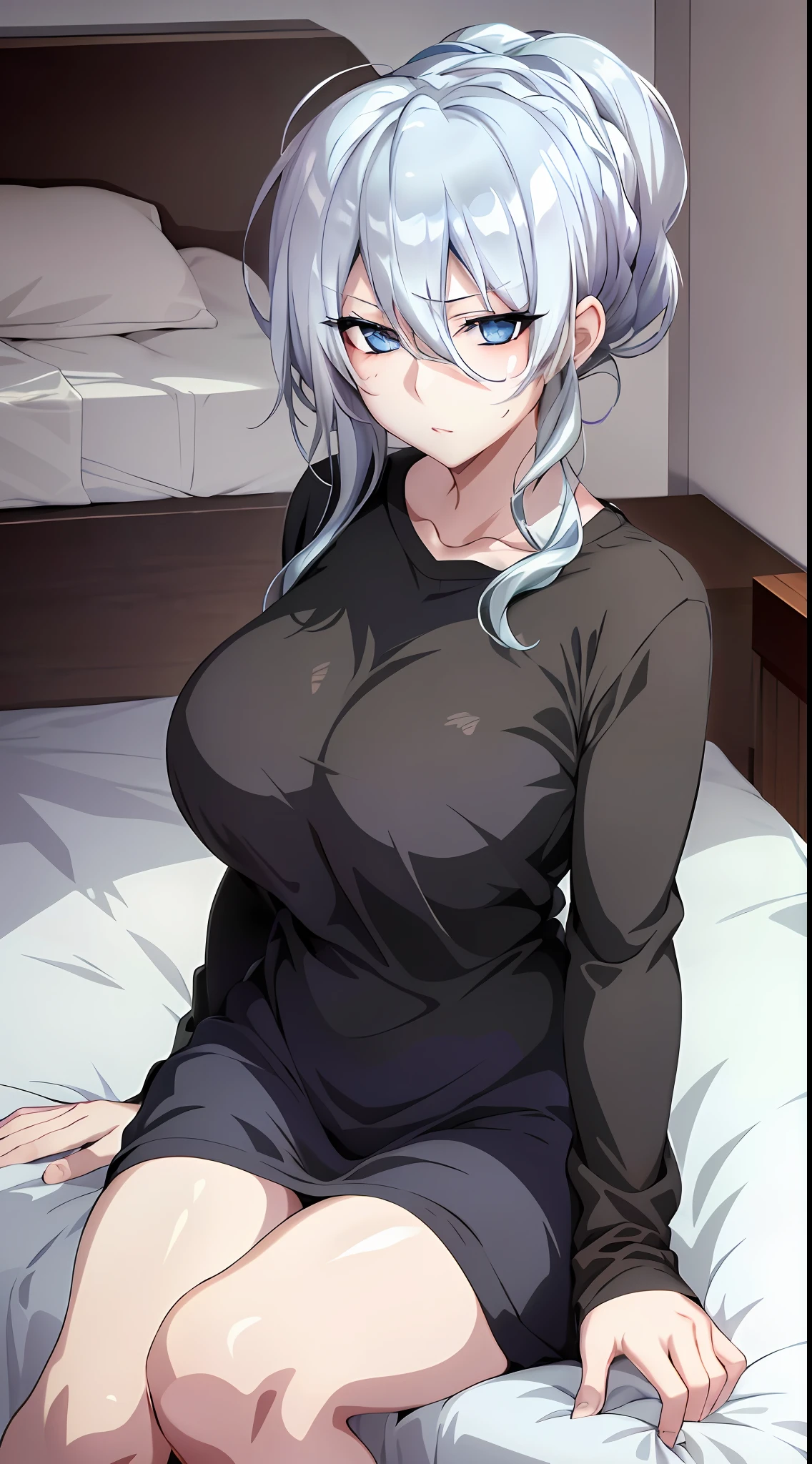 in bed, silver hair and blue eyes, black shirt and no bra, anime visual of a cute girl, screenshot from the anime film, & her expression is solemn, in the anime film, in an anime, anime visual of a young woman, she has a cute expressive face, still from anime, big breast, red cheek, lustful face, fair skin