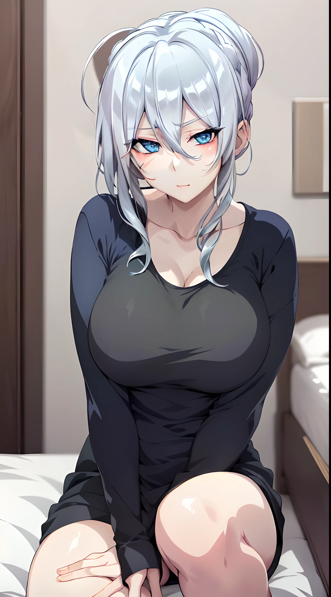 in bed, silver hair and  blue eyes, black shirt and no bra, anime visual of a cute girl, screenshot from the anime film, & her expression is solemn, in the anime film, in an anime, anime visual of a young woman, she has a cute expressive face, still from anime, big breast, red cheek, lustful face, fair skin