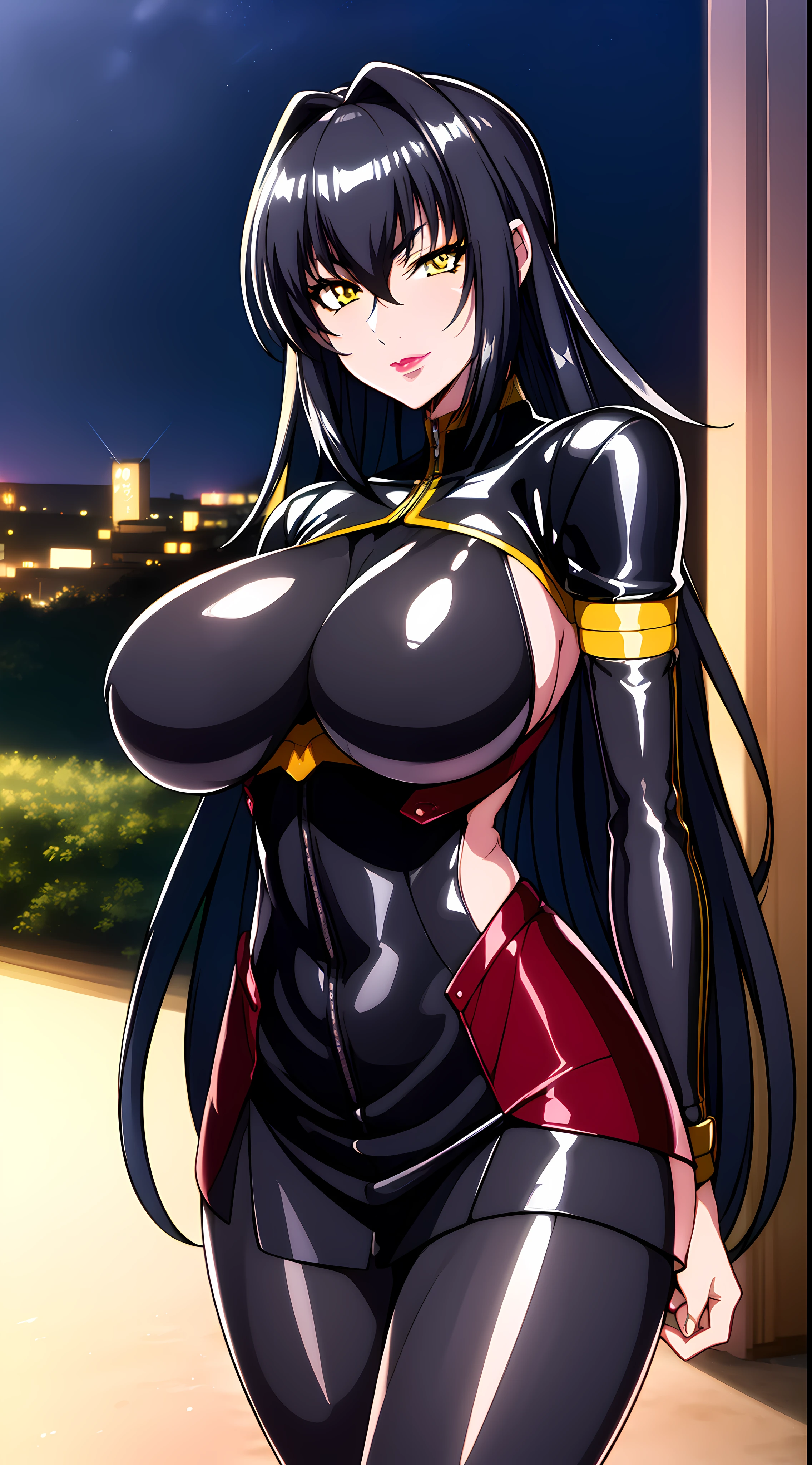 professional artwork, Intricate Details, field of view, sharp focus, detailed painting, photorealistic lighting, trending on pixiv, Standing at attention, black outfit ,yellow collared shirt,black and red bodysuit,skin_tight,black legwear, black pantyhose, Side_boob, black hair,very long hair, Bangs,yellow eyes,makeup, lipstick, 20yo,mature female,Beautiful Finger,Beautiful long legs,Beautiful body,Beautiful Nose,Beautiful character design, perfect eyes, perfect face, looking at viewer,official art,extremely detailed CG unreal engine 8k wallpaper, perfect lighting,Colorful, Bright_Front_face_Lighting, (masterpiece:1.0),(best_quality:1.0), ultra high res,4K,ultra-detailed, photography, 8K, HDR, highres, absurdres:1.2, Kodak portra 400, film grain, blurry background, (Beautiful,large_Breasts:1.4), (beautiful_face:1.5),(narrow_waist), (solo:1.4), ((landscape dimension)), rich detailed makeup, rich detailed eyeshadow, rich detailed lips, rich detailed lipstick, beautiful detail eyes