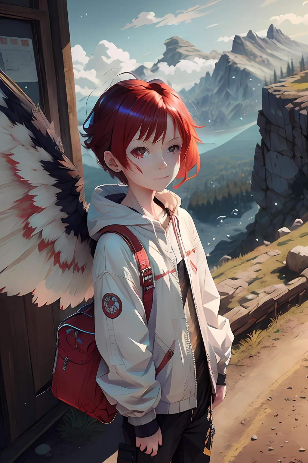 Anime - a stylistic image of a woman with red hair and wings on her back, Guviz-style artwork, Anime style. 8K, Guviz, Realistic anime 3 D style, anime styled digital art, style of anime4 K, anime realism style, realistic anime artstyle, Guweiz in Pixiv ArtStation, Digital anime illustration