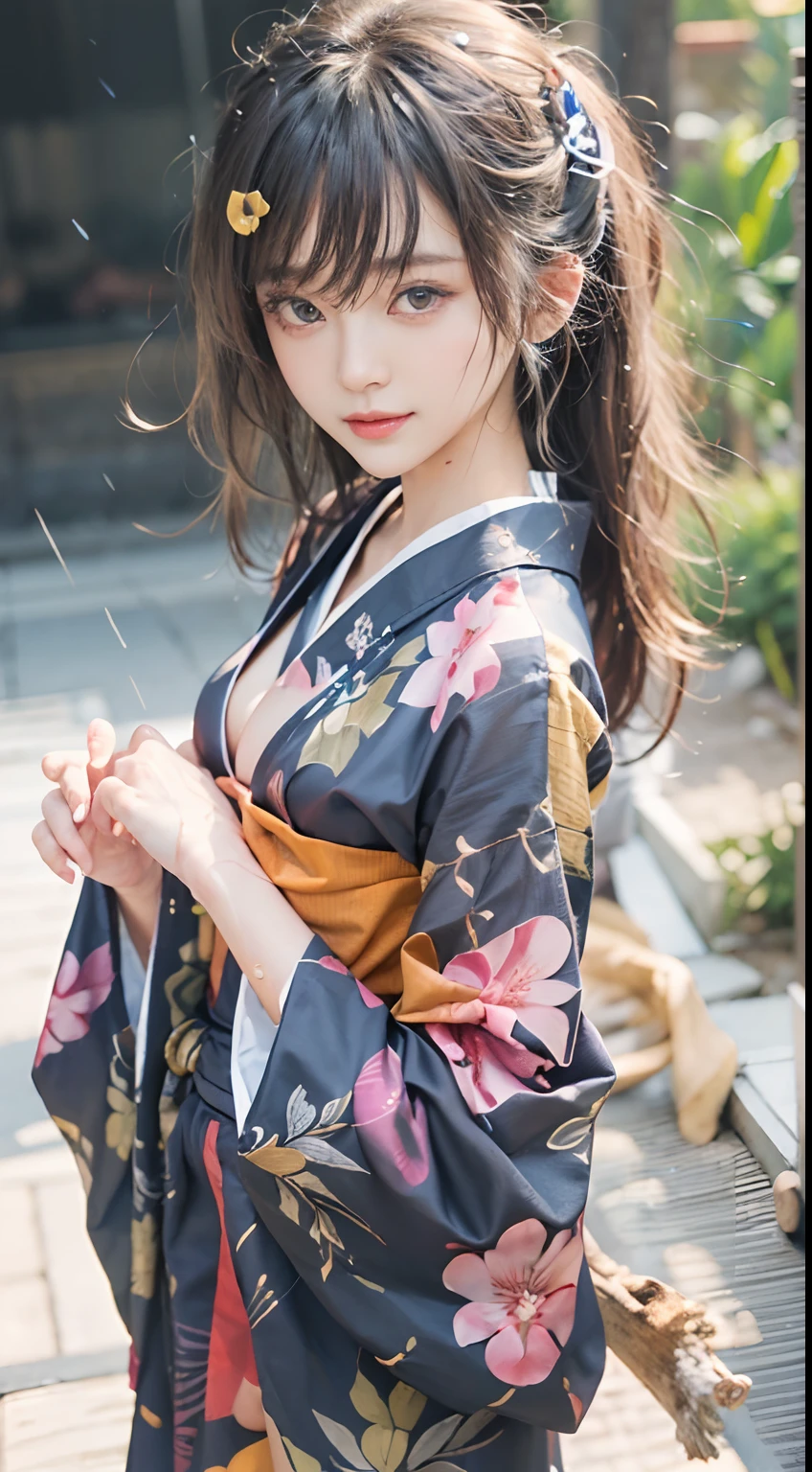 masterpiece、1 beautiful girl、A detailed eye、Puffy eyes、top-quality, 超A high resolution, (Realisticity: 1.4), OriginalPhotographs,cinematlic lighting、japanes、Asian Beauty、neat atmosphere、Super beauty、Beautiful skin、A slender、(A hyper-realistic)、(hight resolution)、(8K)、(ighly detailed)、(Best Illustration)、(beautifully detailed eyes)、(ultra-detailliert)、(wall-paper)、(A detailed face)、looking at viewert、fine detailed、A detailed face、pureerosfaceace_v1、Very smiling、46-point diagonal bangs、Facing straight ahead、Wear a brightly colored yukata、Breasts are big、Black colored eyes、The body is facing forward、Vivid street trees、(((The hem is wide open, Revealing bare feet and pubic areas.))、(((No bra)))、(((Don't wear panties)))、((Pubic hair grows in the pubic area))、Reddening cheeks、(((Full body like)))、are normal size、Taut、big breasts thin waist、skinny thigh、Thin leg、Beautiful skin、((The yukata is greatly disturbed...))、(((stick out)))、((Pubic area is visible))、Pubic area gets wet