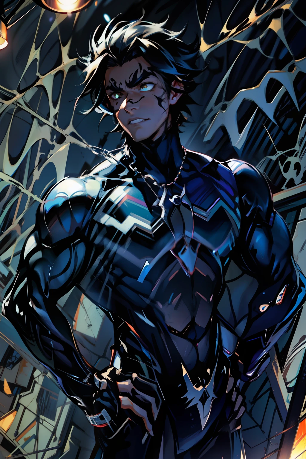 《the original god》Arataki Kazuto , male people, chest muscle, Sexy , Venom symbiote for your body, Black mucus of the body , into venom, venomize,Black bodysuit,(Cloak),Red cape,Abs,(Adult male)((Venom possession,venom symbiote)),over-Tortoise Man,Battle damage,((Masterpiece)), ((Best quality)), Ultra detailed,((illustration)), Dynamic Angle, Detailed light, (Delicate eyes), Floating, 1boy, Male focus, Head, Clothing, Yellow eyes, necklace, tattoo, (Forehead:0.8), (ahoge:0.8), jewelry, brunette color hair,apathy,Ray, chest muscle, Sexy , Venom symbiote for your body, Black mucus of the body , (into venom), Venom,frontage,Bust photo,White tight-fitting top,spiderman outfit,style of anime4 K, 4K anime wallpaper, Badass anime 8 K, 4 k comic wallpaper, young anime man, Anime boys, Anime wallpapers 4 k, Anime wallpaper 4K, High quality anime art style, Anime moe art style, Anime art wallpaper 8 K, Anime art wallpaper 4 K, RGB lighting,