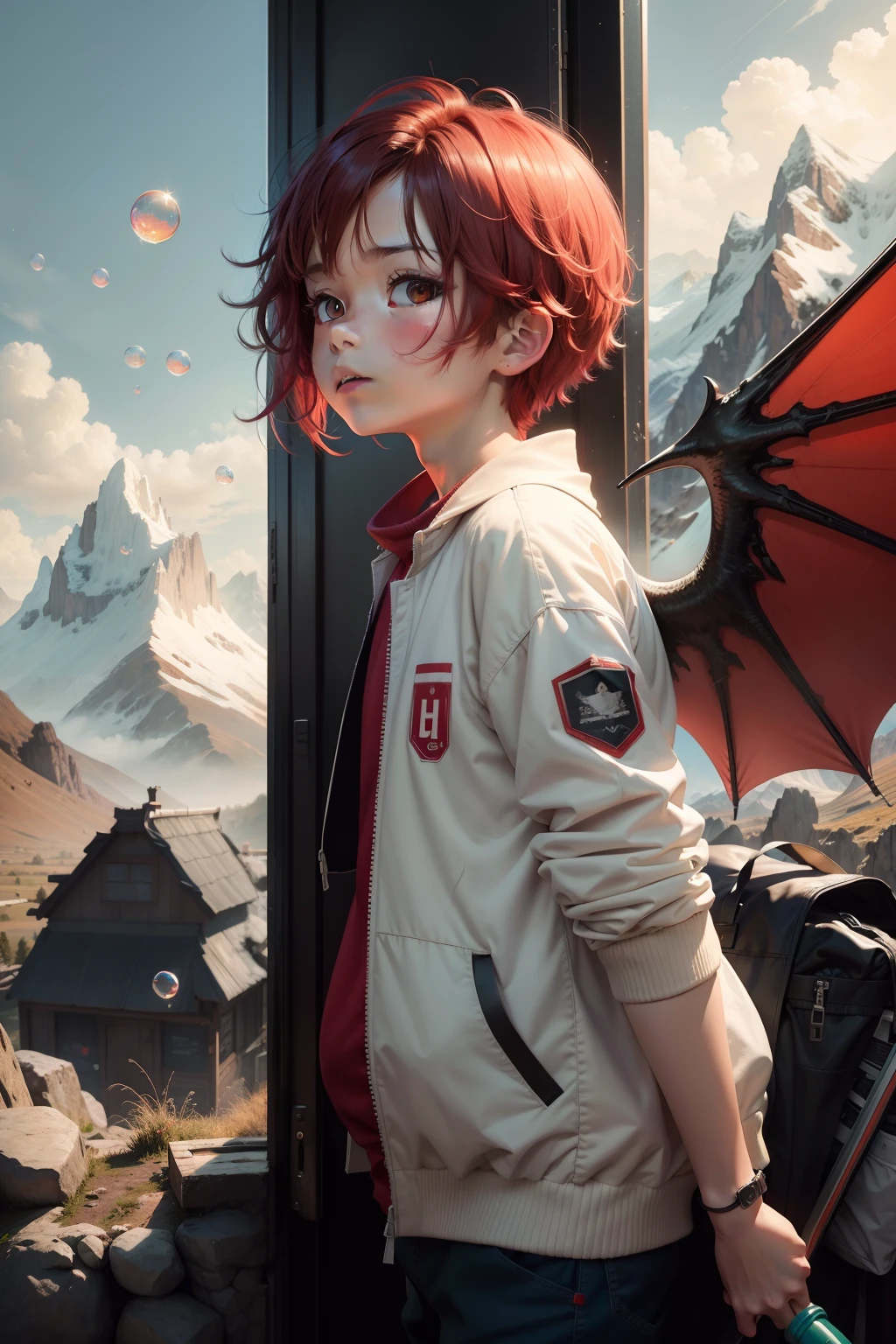 Bubble Mart,Ono,Cute boy,frontage,False wings,Wings spread,white clothes,red tinted hair,largeeyes,adolable,9 years olpeople,Carry false wings,BackgroundClean background,Between mountains and wilderness,Skysky,baiyun,highly accurate,Particle,Ambient,best qualityer,super-fine,Artistically,romanticism lain,hyper HD,16K Ultra HD,Beautiful digital illustration