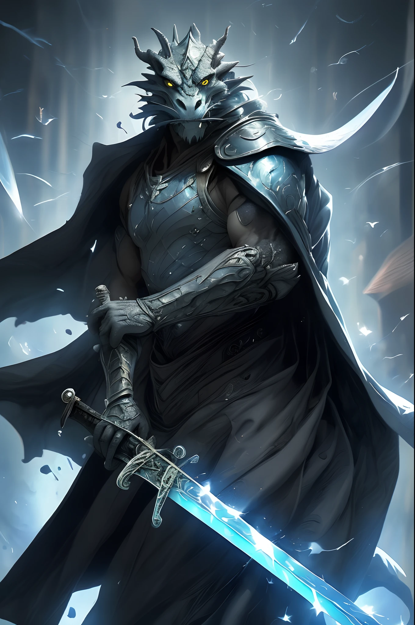 arafed high details, best quality, 8k, [ultra detailed], masterpiece, best quality, (extremely detailed), dynamic angle, ultra wide shot, photorealistic, RAW, fantasy art, dnd art, fantasy art, realistic art, a wide angle picture of a dragonborn paladin ready for battle, full body  (intense details, Masterpiece, best quality: 1.5), D&D dragonborn, silver scales dragonborn, dynamic eyes color, reptilian eyes, wearing heavy armor, white armor, wearing cloak, long cloak, flowing cloak, dynamic colors, armed with sword  (intense details, Masterpiece, best quality: 1.5), holy avenger sword, sword have yellow magical aura (intense details, Masterpiece, best quality: 1.5), holding a shield  (intense details, Masterpiece, best quality: 1.5), dark temple, evil temple  background (intense details, Masterpiece, best quality: 1.5), sense of action, atmosphere of danger