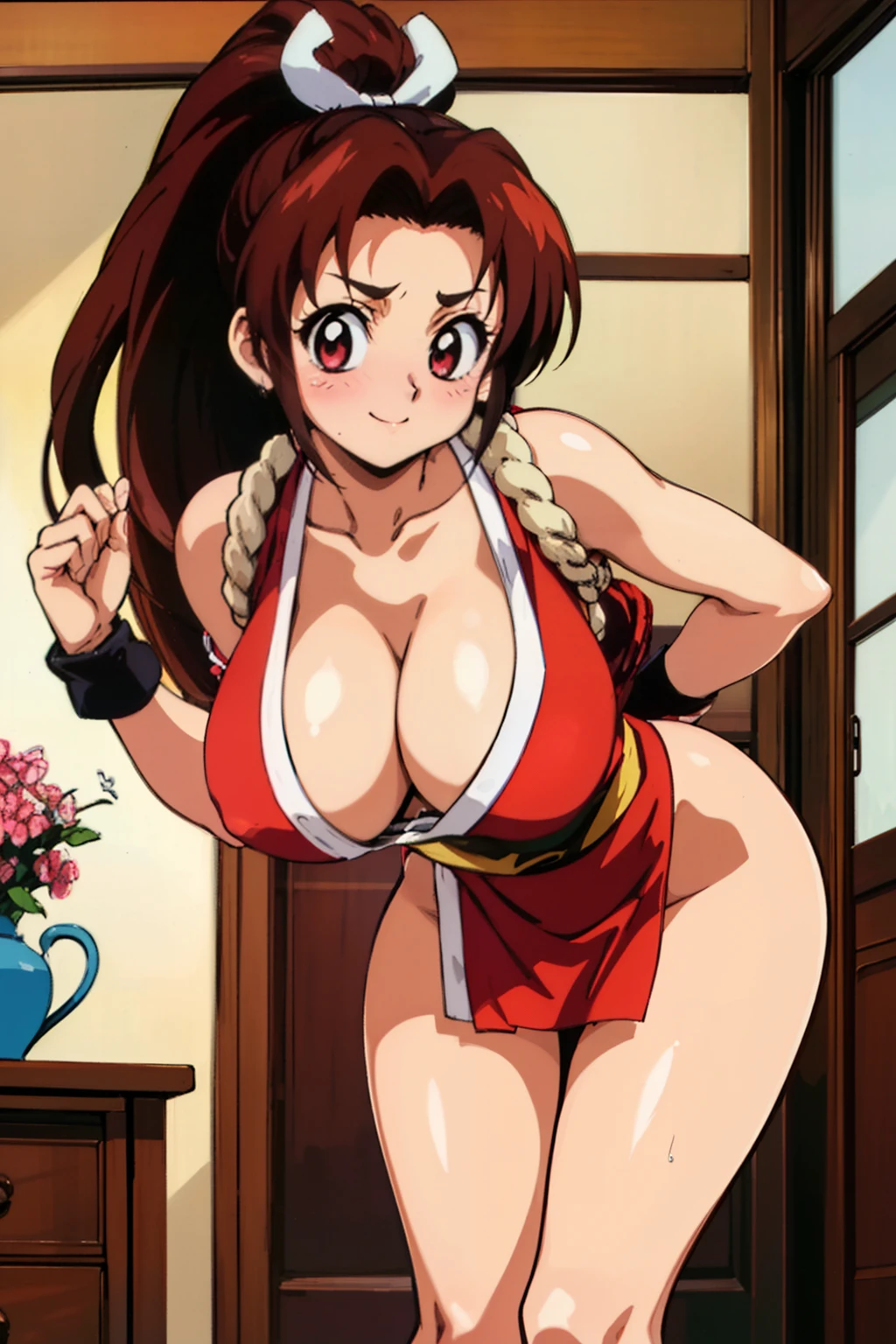 mai shiranui, maims, huge breasts, pelvis curtain, red japanese clothes, revealing clothes, cleavage, rope, sash, indoors, looking at viewer, leaning forward, best quality, ultra-detailed, high resolution,1990s \(style\),retro artstyle,1990s anime cels style, (vulgarity:1.4), (embarrassed:1.3), smile