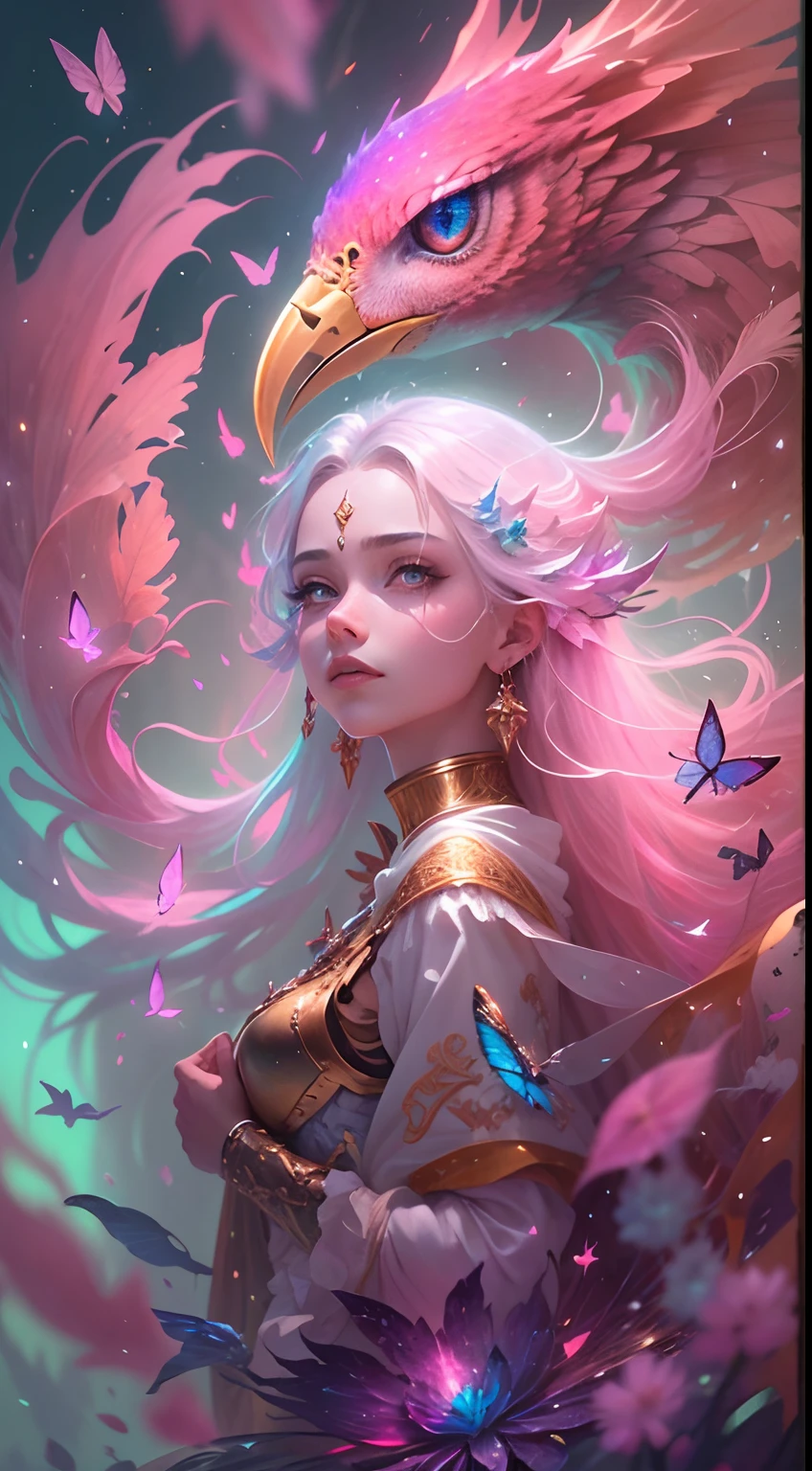 (((masterpiece))), (((best quality))), ((ultra-detailed)),(highly detailed CG illustration), ((an extremely delicate and beautiful)),cinematic light, Create a stunning fantasy artwork that mimics the style of currently trending masters of the genre. The art piece should contain elements of both mythic fantasy and fairytale fantasy with colorful accents. ((Utilize various shades of pink and watercolor pastels as the main color scheme.)) The character in the artwork is a delicate but strong petite figure with an aura of mystery and magic. Pay close attention to intricate facial features, such as mesmerizing eyes with vibrant colors and bold shading. The character's clothing should be designed with gossamer feathers, silk, stunning embroidery, and subtle iridescent details. Incorporate dreamy colors, dynamic lighting, and detailed background elements to create a sense of awe and immersion. Include colorful flying magical birds and jewel-toned butterflies radiating a magical aura. Consider the latest trends in fantasy art, such as incorporating unique lighting effects, exploring dynamic and compelling composition techniques, and experimenting with unique color palettes. Take inspiration from the top artists on ArtStation and Midjourney. Camera: Choose an angle that highlights the character's beauty and enhances the magical majesty of the artwork. Lighting: Utilize atmospheric lighting techniques to create depth and mood. Resolution: Aim for a high-resolution artwork to showcase intricate details and clarity. Art Inspirations: Seek inspiration from the trending artists on ArtStation, exploring different styles, genres, and themes.