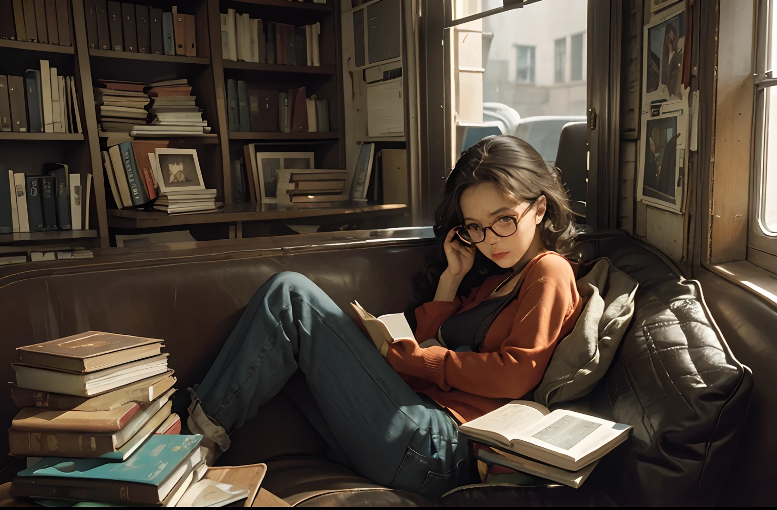 Life in the Periphery, Walker Evans, Gordon Parks, urban poverty, resilient communities by Mary Ellen Mark, Steve McCurry,
1girl, solo, glasses, bookworm, surrounded by stacks of books, reading corner, lost in a captivating novel