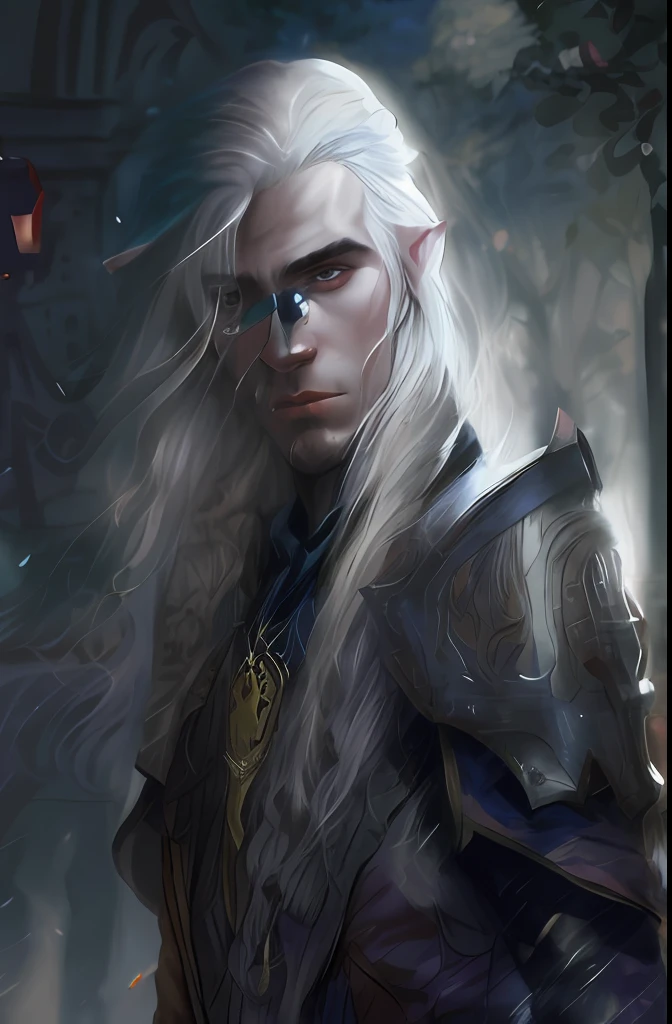 a closeup of a person with long white hair and a sword, A portrait of a male elf, silver-skinned male elf, Male River, male fantasy portrait, handsome male elf, Portrait of Drizzt Do'Urden, Portrait of fin wildcloak, a male elf, cute drow, portrait of an elven warrior, fantasy concept art portrait.