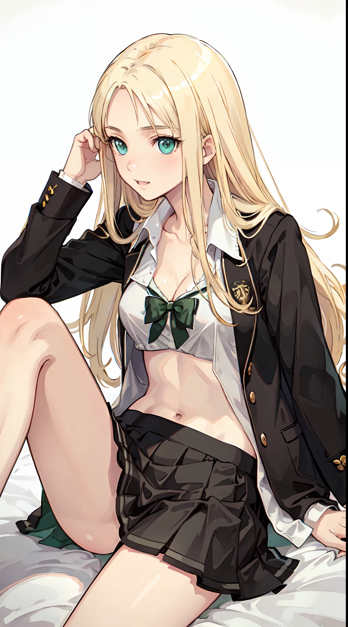 blonde hair, long hair, green eyes, happy, school uniform, short skirt, medium breast, cleavage, bed, slim legs, navel, open clothes, laying down