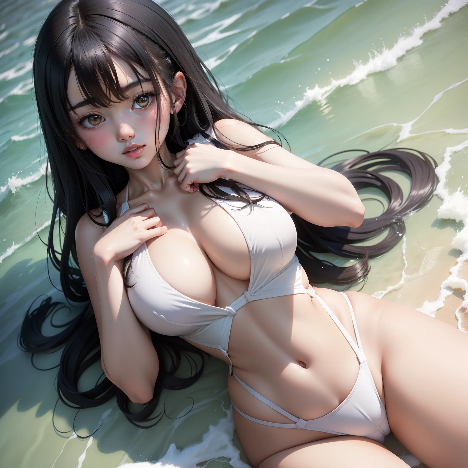 Black-haired in a white swimsuit,Hands on the chest