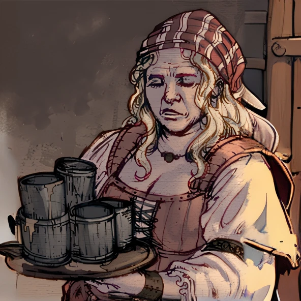 There's a woman holding a tray with cups, ferreiro feminino, female dwarven blacksmith, she is in the potions workshop, female gnome artificer, dwarven woman, female dwarf woman, dnd avatar retrato de halfling, mother of witchers, portrait of a female druid, Abigail Larson, full-colour illustration