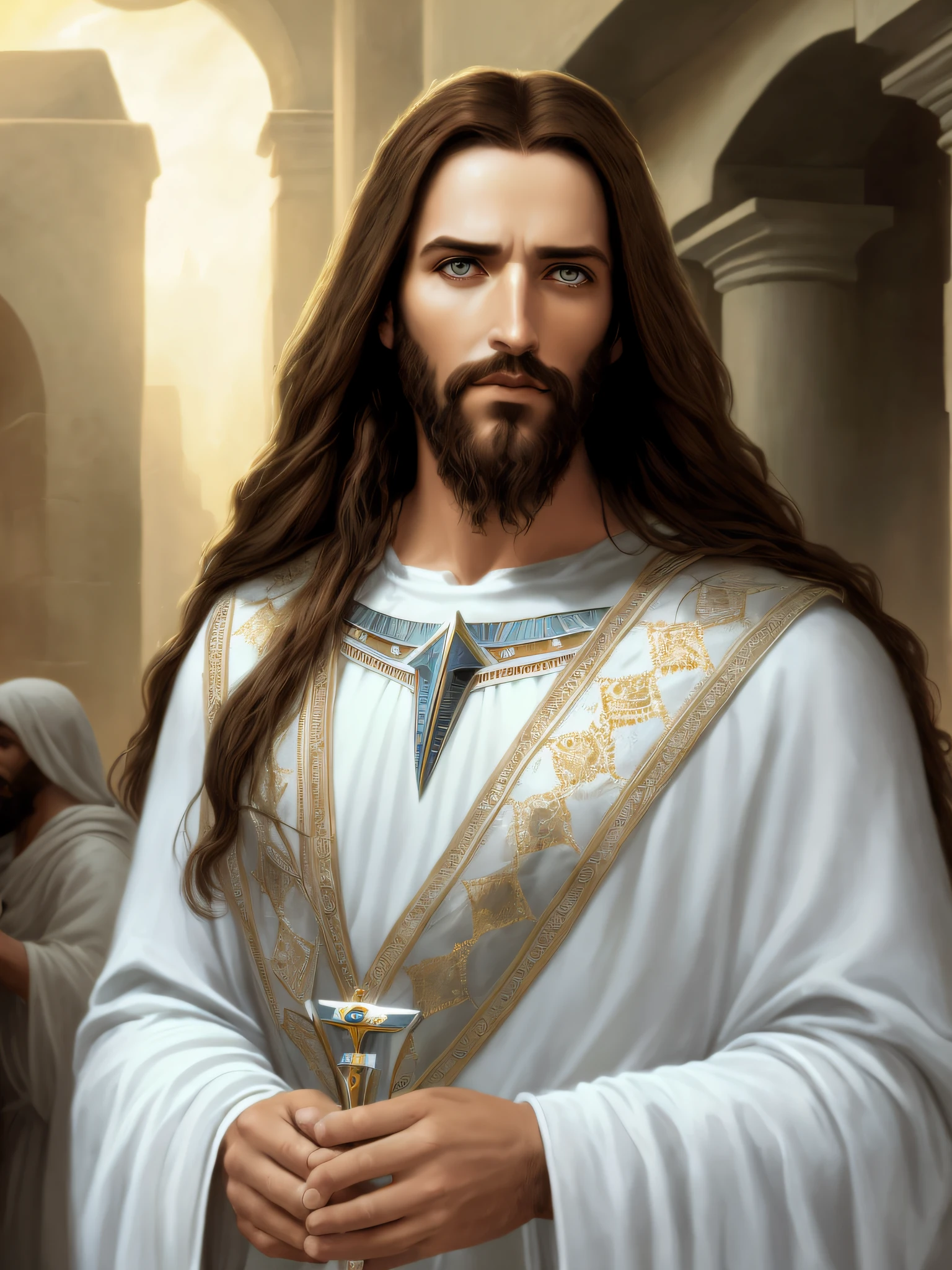 Imagem de Jesus com barba e manto branco, Jesus Cristo, Retrato de Jesus Cristo, rosto de Jesus, jesus of nazareth, Jesus, Vestido como Jesus Cristo, Jesus Gigachade, obra-prima muito bonita, beautiful image ever created, Greg Olsen, O Senhor e Salvador, Jesus Cristo em Mass Effect