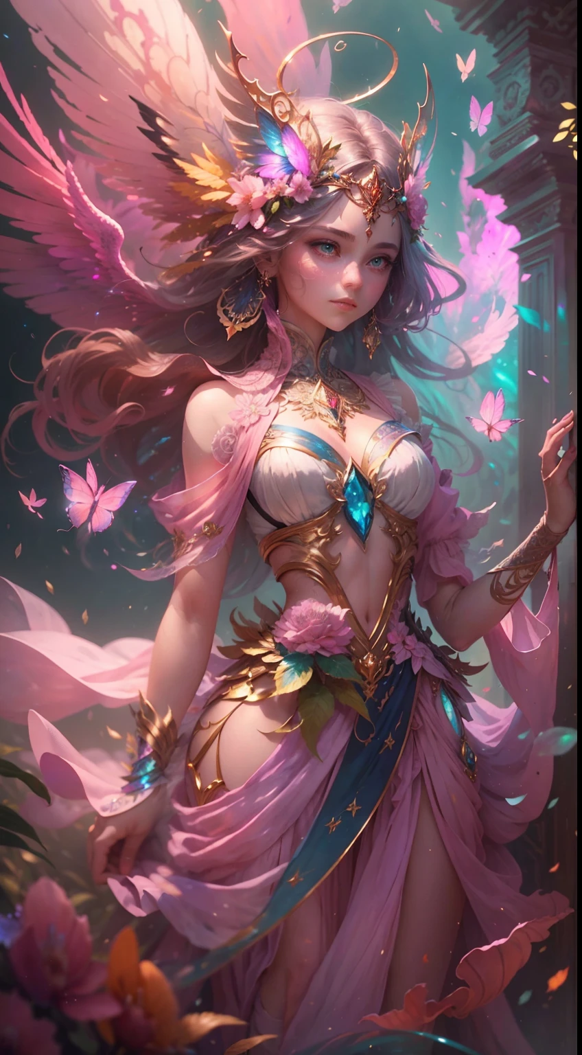 (((masterpiece))), (((best quality))), ((ultra-detailed)),(highly detailed CG illustration), ((an extremely delicate and beautiful)),cinematic light, Create a stunning fantasy artwork that mimics the style of currently trending masters of the genre. The art piece should contain elements of both mythic fantasy and fairytale fantasy with colorful accents. ((Utilize various shades of pink and watercolor pastels as the main color scheme.)) The character in the artwork is a delicate but strong petite figure with an aura of mystery and magic. Pay close attention to intricate facial features, such as mesmerizing eyes with vibrant colors and bold shading. The character's clothing should be designed with gossamer feathers, silk, stunning embroidery, and subtle iridescent details. Incorporate dreamy colors, dynamic lighting, and detailed background elements to create a sense of awe and immersion. Include colorful flying magical birds and jewel-toned butterflies radiating a magical aura. Consider the latest trends in fantasy art, such as incorporating unique lighting effects, exploring dynamic and compelling composition techniques, and experimenting with unique color palettes. Take inspiration from the top artists on ArtStation and Midjourney. Camera: Choose an angle that highlights the character's beauty and enhances the magical majesty of the artwork. Lighting: Utilize atmospheric lighting techniques to create depth and mood. Resolution: Aim for a high-resolution artwork to showcase intricate details and clarity. Art Inspirations: Seek inspiration from the trending artists on ArtStation, exploring different styles, genres, and themes.