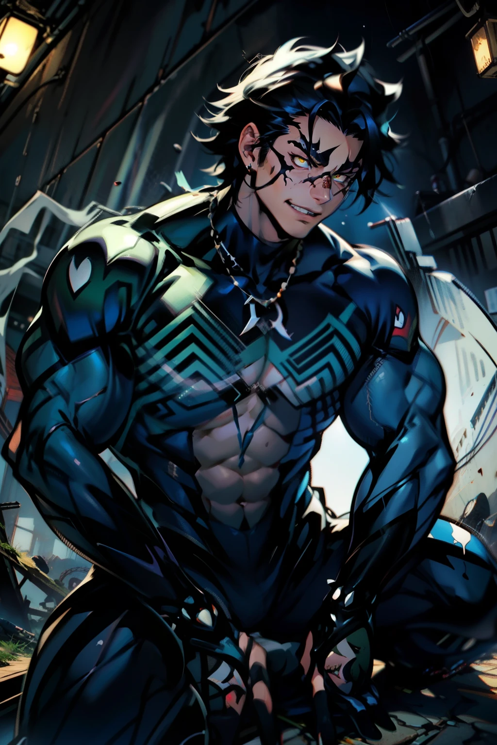 《the original god》Arataki Kazuto , male people, chest muscle, Sexy , Venom symbiote for your body, Black mucus of the body , into venom, venomize,Black bodysuit,(Cloak),Red cape,Abs,(Adult male)((Venom possession,venom symbiote)),over-Tortoise Man,Battle damage,((Masterpiece)), ((Best quality)), Ultra detailed,((illustration)), Dynamic Angle, Detailed light, (Delicate eyes), Floating, 1boy, Male focus, Head, Clothing, Yellow eyes, necklace, tattoo, (Forehead:0.8), (ahoge:0.8), jewelry, brunette color hair,apathy,Ray, chest muscle, Sexy , Venom symbiote for your body, Black mucus of the body , (into venom), Venom,frontage,Bust photo,White tight-fitting top,spiderman outfit,style of anime4 K, 4K anime wallpaper, Badass anime 8 K, 4 k comic wallpaper, young anime man, Anime boys, Anime wallpapers 4 k, Anime wallpaper 4K, High quality anime art style, Anime moe art style, Anime art wallpaper 8 K, Anime art wallpaper 4 K, RGB lighting,