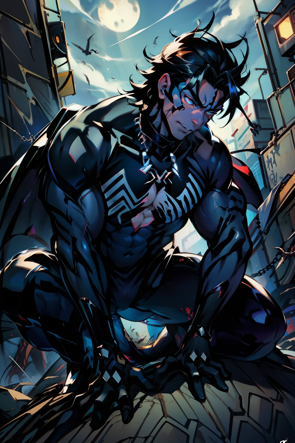 《the original god》Arataki Kazuto , male people， chest muscle， Sexy , Venom symbiote for your body, Black mucus of the body , into venom, venomize，Black bodysuit，（Cloak），Red cape，Abs，（Adult male）（（Venom possession，venom symbiote）），over-Tortoise Man，Battle damage，((Masterpiece)), ((Best quality)), Ultra detailed,((illustration)), Dynamic Angle, Detailed light, (Delicate eyes), Floating, 1boy, Male focus, Head, Clothing, Yellow eyes, necklace, tattoo, (Forehead:0.8), (ahoge:0.8), jewelry, brunette color hair,apathy，Ray， chest muscle， Sexy , Venom symbiote for your body, Black mucus of the body , （into venom）, Venom，frontage，Bust photo，White tight-fitting top，spiderman outfit，style of anime4 K， 4K anime wallpaper， Badass anime 8 K， 4 k comic wallpaper， young anime man， Anime boys， Anime wallpapers 4 k， Anime wallpaper 4K， High quality anime art style， Anime moe art style， Anime art wallpaper 8 K， Anime art wallpaper 4 K， RGB lighting，