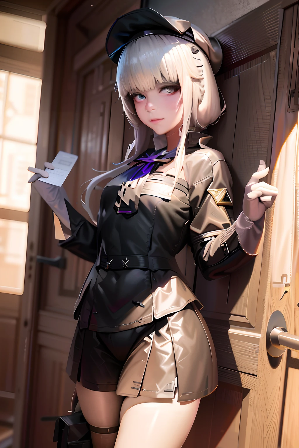 The blonde woman leaned against the door in a short skirt and hat, from girls frontline, Shot on Canon EOS R 6, Anime girl cosplay, Fine details. Girl Front, girls frontline style, azur lane style, cosplay foto, as an overwatch character, Anime cosplay, Ayaka cosplay, cosplay, full-cosplay, professional cosplay, small curvaceous loli