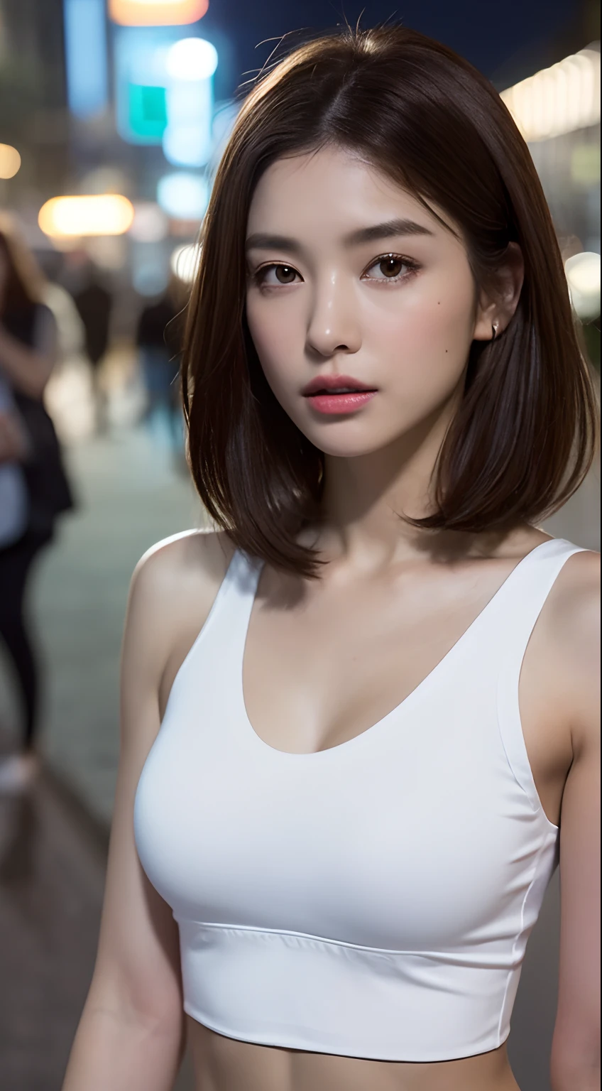 ((Realistic lighting, Best quality, 8K, Masterpiece: 1.3)), Clear focus: 1.2, 1girl, Perfect Figure: 1.4, Slim Abs: 1.1, ((Dark brown hair)), (White crop top: 1.4), (Outdoor, Night: 1.1), City streets, Super fine face, Fine eyes, Double eyelids,