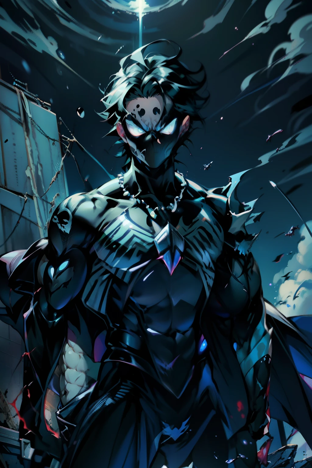 《the original god》Arataki Kazuto , male people， chest muscle， Sexy , Venom symbiote for your body, Black mucus of the body , into venom, venomize，Black bodysuit，（Cloak），Red cape，Abs，（Adult male）（（Venom possession，venom symbiote）），over-Tortoise Man，Battle damage，((Masterpiece)), ((Best quality)), Ultra detailed,((illustration)), Dynamic Angle, Detailed light, (Delicate eyes), Floating, 1boy, Male focus, Head, Clothing, Yellow eyes, necklace, tattoo, (Forehead:0.8), (ahoge:0.8), jewelry, brunette color hair,apathy，Ray， chest muscle， Sexy , Venom symbiote for your body, Black mucus of the body , （into venom）, Venom，frontage，Bust photo，White tight-fitting top，spiderman outfit，style of anime4 K， 4K anime wallpaper， Badass anime 8 K， 4 k comic wallpaper， young anime man， Anime boys， Anime wallpapers 4 k， Anime wallpaper 4K， High quality anime art style， Anime moe art style， Anime art wallpaper 8 K， Anime art wallpaper 4 K， RGB lighting，