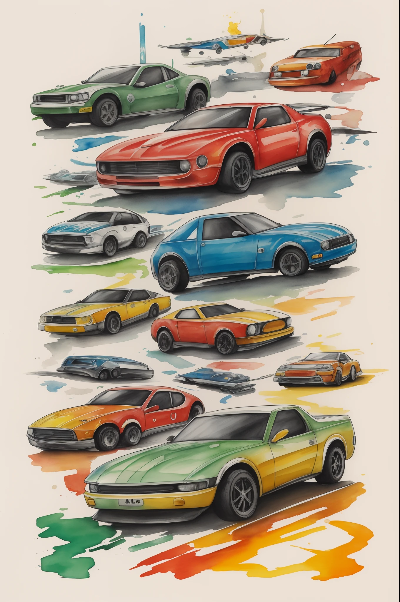 watercolor and pencil painting ((fogo alto, logotipo hot wheels, arte abstrata)), raios, fundo chuva desfocada, alta qualidade, cores vivas, detalhes intricatos,