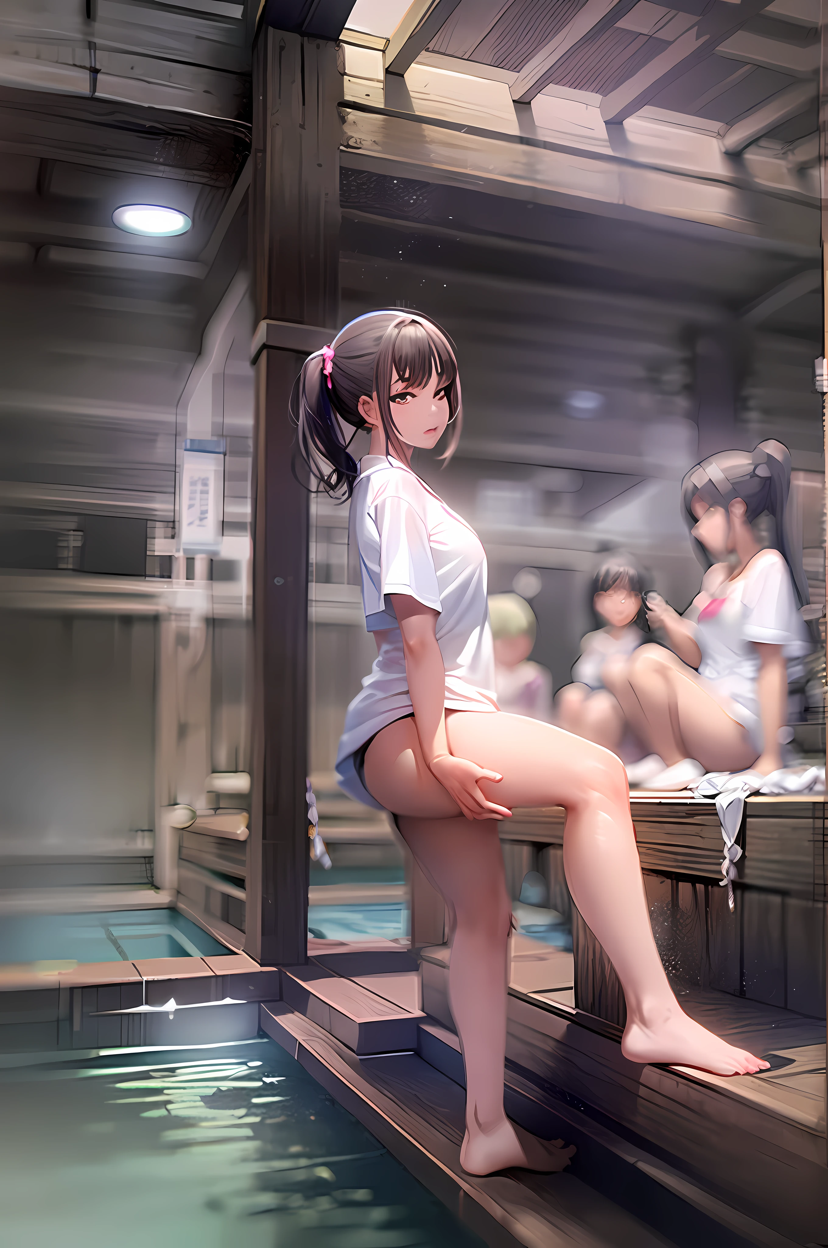Japan public bath, 2+Girls, , chuckle, Viewer from the side, steams