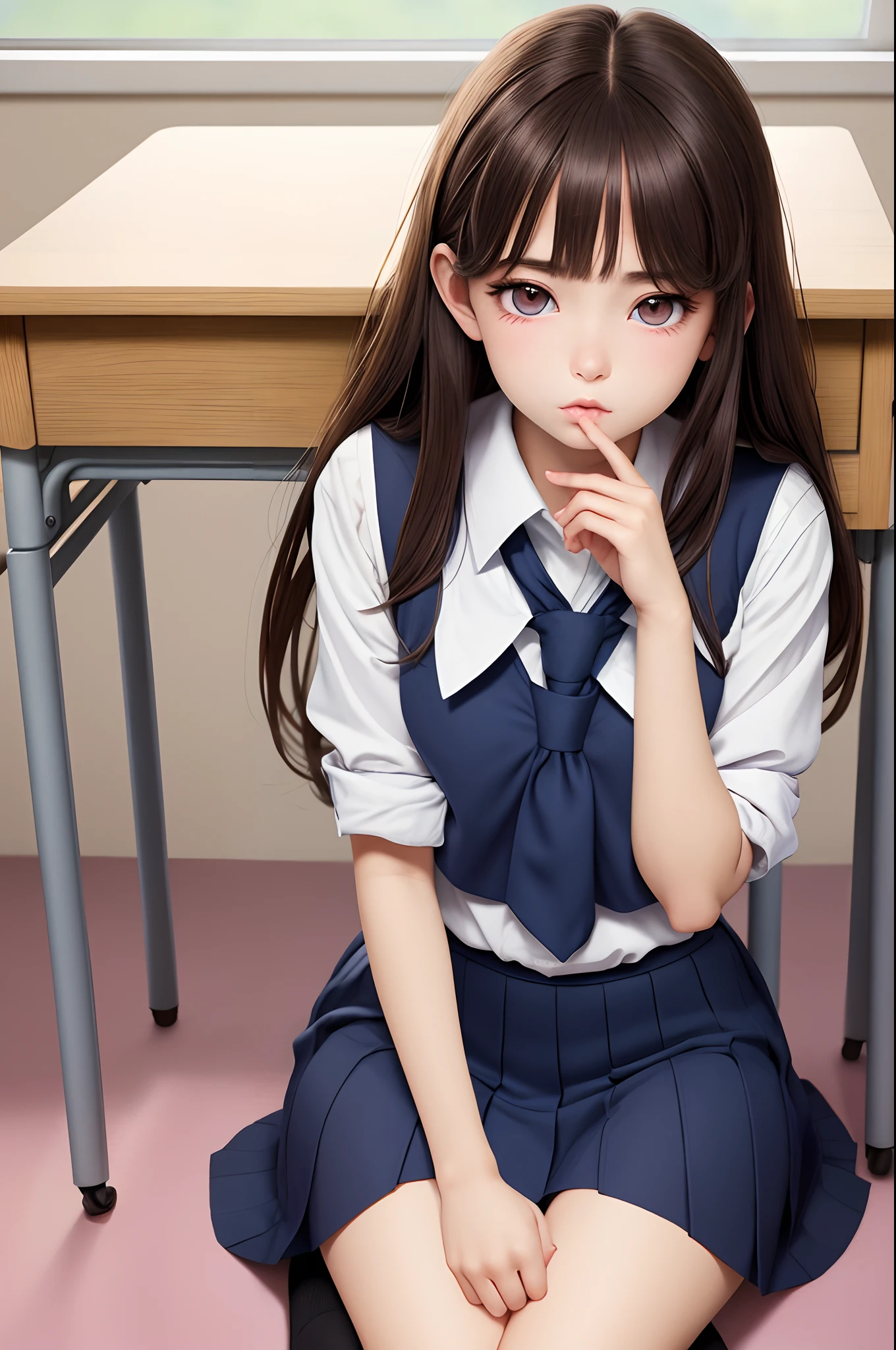 (masterpiece:1.0), illustration,extremely detailed, miseyari,1girl,beautiful eyes,sitting on floor,school uniform,in classroom,face focus,(looking at penis),1boy,feceless male,hetero,precum,
