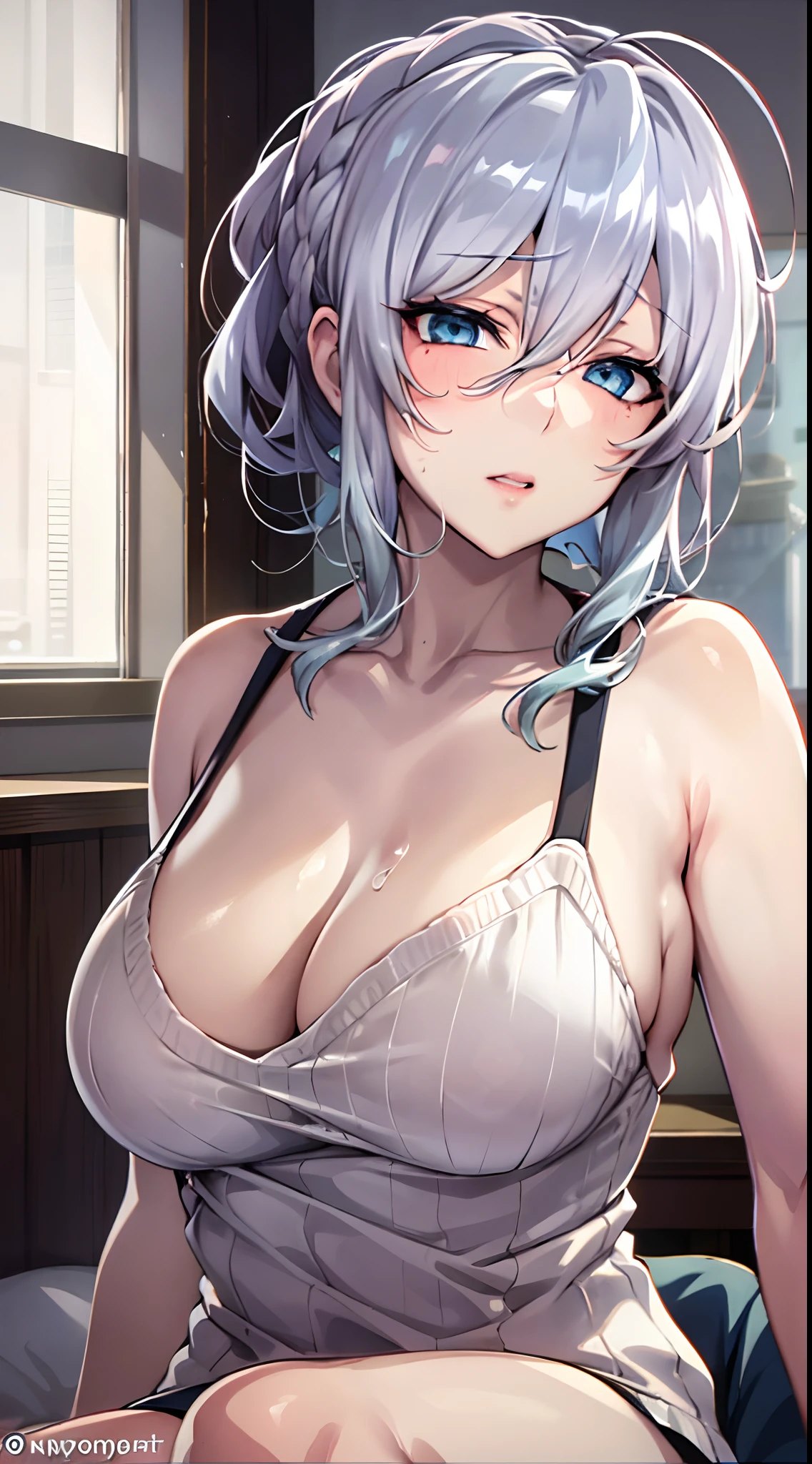 in bed, silver hair and  blue eyes, short hair, white shirt and no bra, anime visual of a cute girl, screenshot from the anime film, & her expression is solemn, in the anime film, in an anime, anime visual of a young woman, she has a cute expressive face, still from anime, big breast, red cheek, lustful face, fair skin