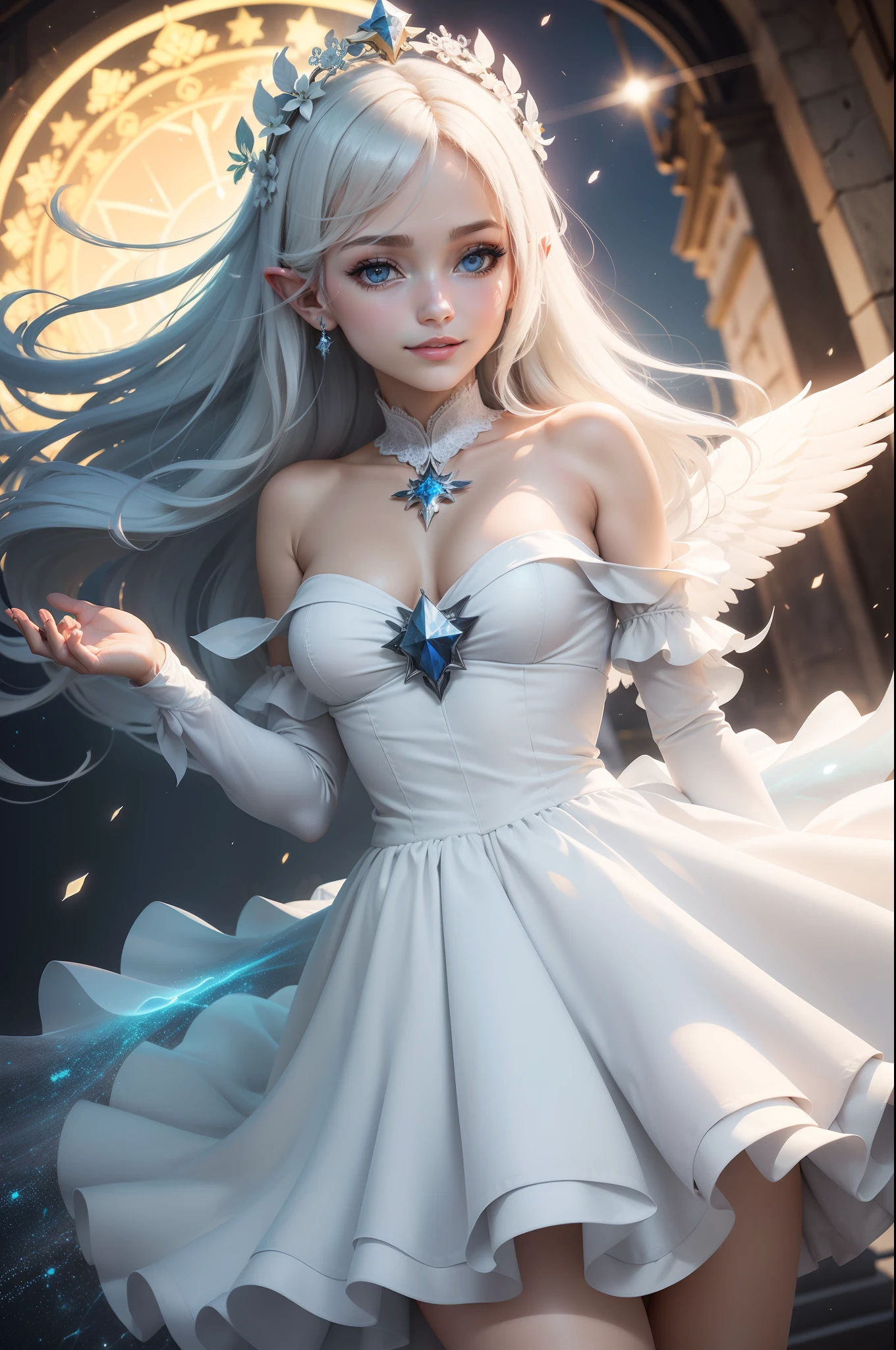 (((NATASHA CIOARA HONKAI IMPACT 3DR))), honkai impact, genshin impact, honkai star rail,(Estilo Aschenhardt:1.4), Obra-prima, Melhor Qualidade, Alta Qualidade,(Criatura disforme clara com brilho de ouro claro e olhos branco e cercada pela luz:1.2), (de perfil), (angelical:1.2), Abstraction, open sky, Fotografia premiada, Profundidade de campo, HDR, Muito detalhado, Trend in art stations, trend in CGSociety, Complexo, Alto detalhe,(Obra-prima:1.2, Melhor Qualidade), (best ilumination, Muito Delicado e Belo), (best ilumination, Muito Delicada e Bonita), (Rosto Detalhado Bonito), (Olhos Detalhados e Rosto Detalhado:1.2), Fantasia clara, (Jovem, Besta, 1girl, Solo, Sorriso angelical, pale skinned, D copo, decote, cabelos grisalhos, Olhos brancos Brilhantes, dinamic angle, anjo), (Correntes no fundo, Get Magic Circle, Obter anjos para ser invocado), Magic thunder (angel of the Magic Circle), pointy_ears, Asas de Anjo, anjo angelical, luz angelical, hands raised upwards, rosto triste mas com sorriso, smile shy, lagrimas no Rosto, Chuva de luz, Nuvens brancas, (Profundidade de Campo), Alto Contraste, (Respingo de glitter pelo corpo: 1.4), Tiro de Cowboy, Corpo Inteiro, Dressed in the morning, doa, Santuario, Epic Stage, white veil, (((vestido branco))), roupas brancas, panos de seda branco, sheets flying, vento leve, cabelos ao vento