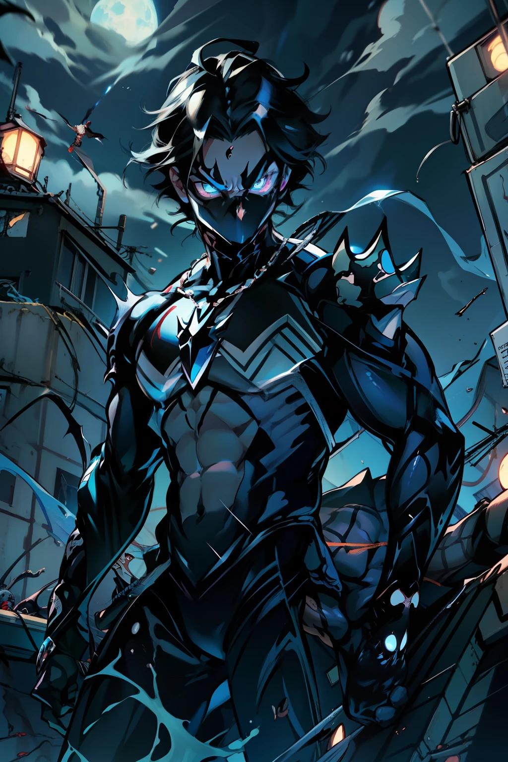 《the original god》Arataki Kazuto , male people, chest muscle, Sexy , Venom symbiote for your body, Black mucus of the body , into venom, venomize,Black bodysuit,(Cloak),Red cape,Abs,(Adult male)((Venom possession,venom symbiote)),over-Tortoise Man,Battle damage,((Masterpiece)), ((Best quality)), Ultra detailed,((illustration)), Dynamic Angle, Detailed light, (Delicate eyes), Floating, 1boy, Male focus, Head, Clothing, Yellow eyes, necklace, tattoo, (Forehead:0.8), (ahoge:0.8), jewelry, brunette color hair,apathy,Ray, chest muscle, Sexy , Venom symbiote for your body, Black mucus of the body , (into venom), Venom,frontage,Bust photo,White tight-fitting top,spiderman outfit,style of anime4 K, 4K anime wallpaper, Badass anime 8 K, 4 k comic wallpaper, young anime man, Anime boys, Anime wallpapers 4 k, Anime wallpaper 4K, High quality anime art style, Anime moe art style, Anime art wallpaper 8 K, Anime art wallpaper 4 K, RGB lighting,