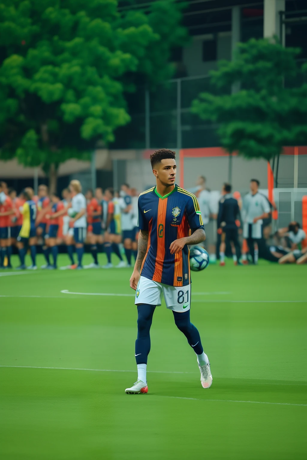 jultra realistic shirt of Brazil on the field, looking at the camera