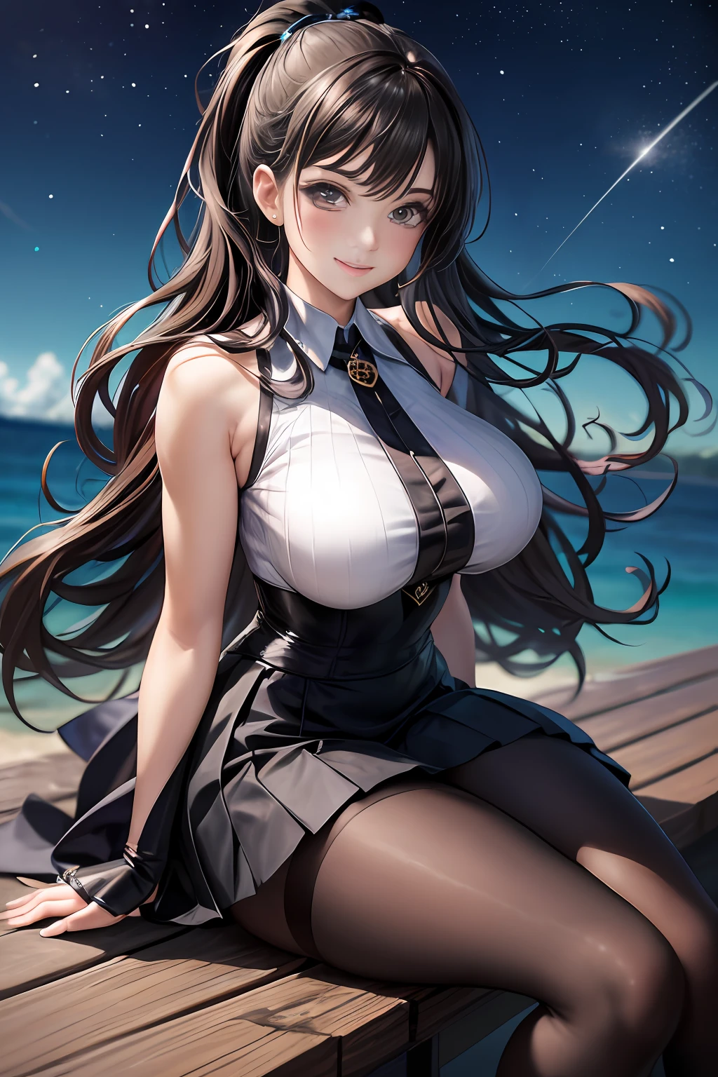 A high resolution, Ultra detailed, (1girll:1.3), (Dynamic pose):1.0 BREAK, 1 extremely beautiful and glamorous  anime girl sitting on the park bench at night, wearing a white collard shirt and a knee-length long pleats skirt, (Black stockings), she has black wavy pony-tail hair style, huge-breasted, Smile, cheerfulness, Wind, 8 life size, Detailed clothes, Detailed body, detailed arms, human hand, Detailed hands, upperbody shots, Hip focus, Blush, Light smile, looking a viewer, Facing the viewer, staring at the audience, The beach is brightly lit around，with stars shining in the sky, Studio soft light, Cinematic light, Detailed background, Realistic, Ultra-realistic, Masterpiece, 32k ultra-sharp image,