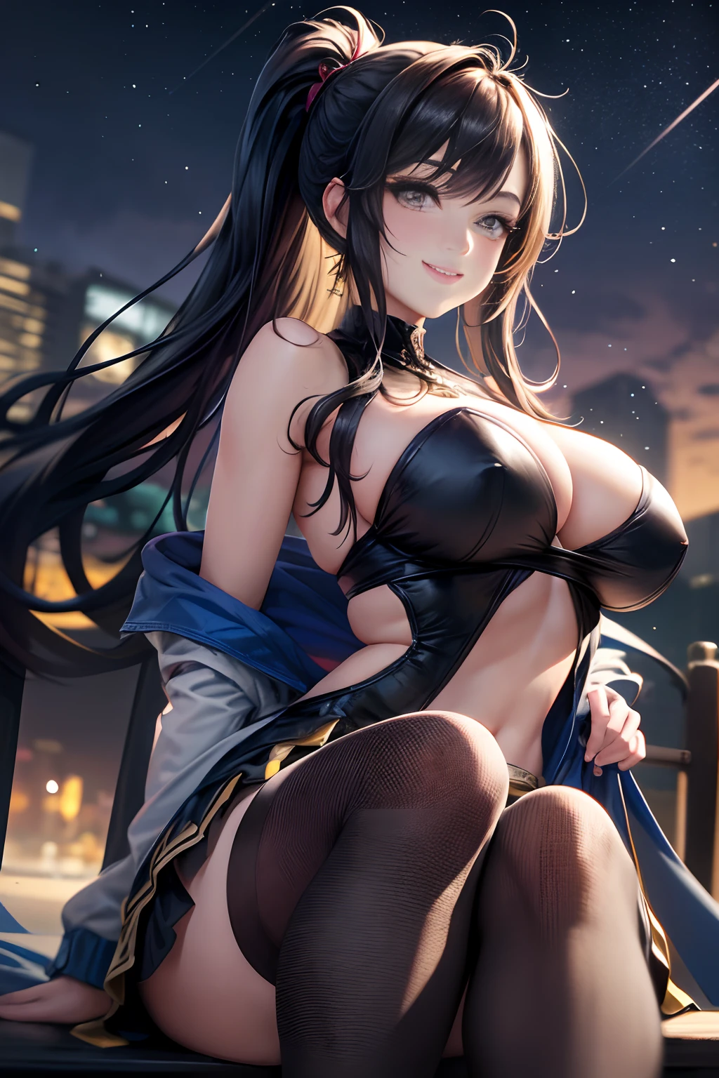 A high resolution, Ultra detailed, (1girll:1.3), (Dynamic pose):1.0 BREAK, 1 extremely beautiful and glamorous  anime girl sitting on the park bench at night, wearing a white collard shirt and a knee-length long pleats skirt, (Black stockings), she has black wavy pony-tail hair style, huge-breasted, Smile, cheerfulness, Wind, 8 life size, Detailed clothes, Detailed body, detailed arms, human hand, Detailed hands, upperbody shots, Hip focus, Blush, Light smile, looking a viewer, Facing the viewer, staring at the audience, The beach is brightly lit around，with stars shining in the sky, Studio soft light, Cinematic light, Detailed background, Realistic, Ultra-realistic, Masterpiece, 32k ultra-sharp image,