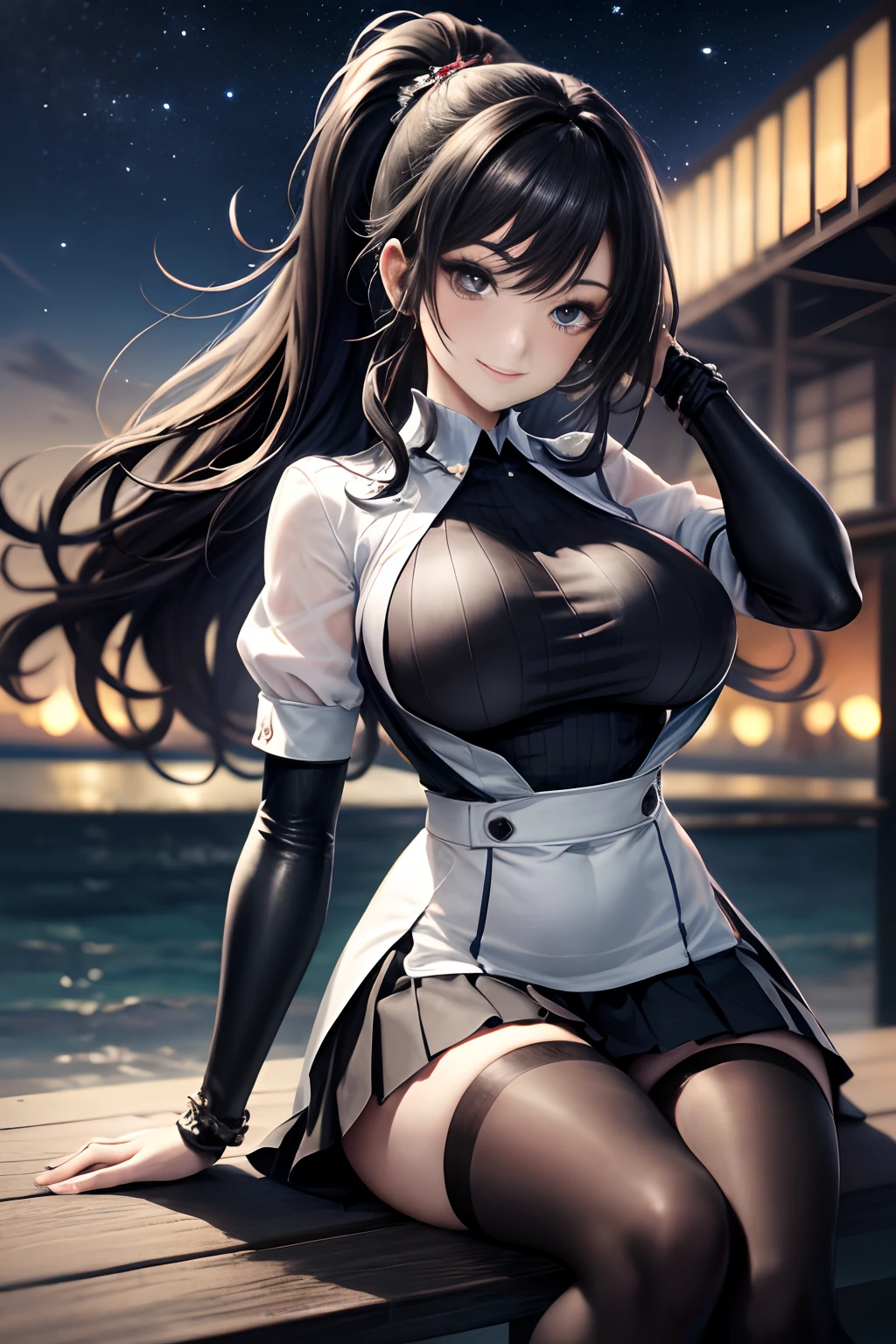 A high resolution, Ultra detailed, (1girll:1.3), (Dynamic pose):1.0 BREAK, 1 extremely beautiful and glamorous  anime girl sitting on the park bench at night, wearing a white collard shirt and a knee-length long pleats skirt, (Black stockings), she has black wavy pony-tail hair style, huge-breasted, Smile, cheerfulness, Wind, 8 life size, Detailed clothes, Detailed body, detailed arms, human hand, Detailed hands, upperbody shots, Hip focus, Blush, Light smile, looking a viewer, Facing the viewer, staring at the audience, The beach is brightly lit around，with stars shining in the sky, Studio soft light, Cinematic light, Detailed background, Realistic, Ultra-realistic, Masterpiece, 32k ultra-sharp image,