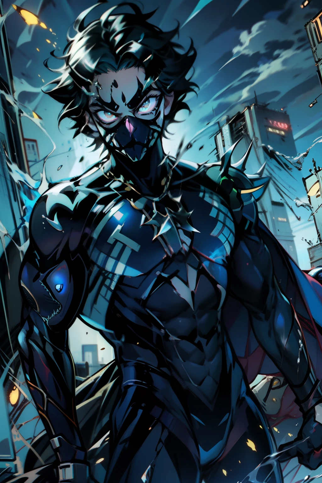 《the original god》Arataki Kazuto , male people, chest muscle, Sexy , Venom symbiote for your body, Black mucus of the body , into venom, venomize,Black bodysuit,(Cloak),Red cape,Abs,(Adult male)((Venom possession,venom symbiote)),over-Tortoise Man,Battle damage,((Masterpiece)), ((Best quality)), Ultra detailed,((illustration)), Dynamic Angle, Detailed light, (Delicate eyes), Floating, 1boy, Male focus, Head, Clothing, Yellow eyes, necklace, tattoo, (Forehead:0.8), (ahoge:0.8), jewelry, brunette color hair,apathy,Ray, chest muscle, Sexy , Venom symbiote for your body, Black mucus of the body , (into venom), Venom,frontage,Bust photo,White tight-fitting top,spiderman outfit,style of anime4 K, 4K anime wallpaper, Badass anime 8 K, 4 k comic wallpaper, young anime man, Anime boys, Anime wallpapers 4 k, Anime wallpaper 4K, High quality anime art style, Anime moe art style, Anime art wallpaper 8 K, Anime art wallpaper 4 K, RGB lighting,