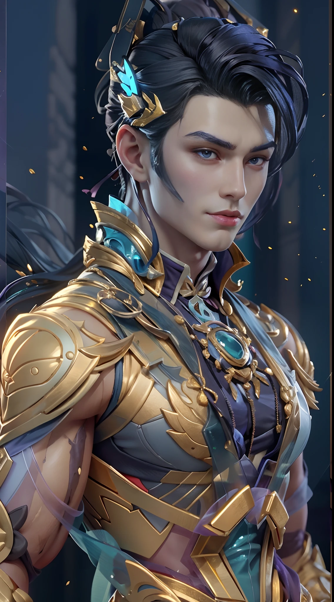 Sculpture design,Figures,GK model,(The whole body of the character),Expose muscles,(sexy for),(Exquisite base),The color of the clothes is gold,blue and violet,Transparent texture,Wu Yifan,Handsome cybernetic boy looking at camera lingerie detailed muscular reality masterpiece,musculous